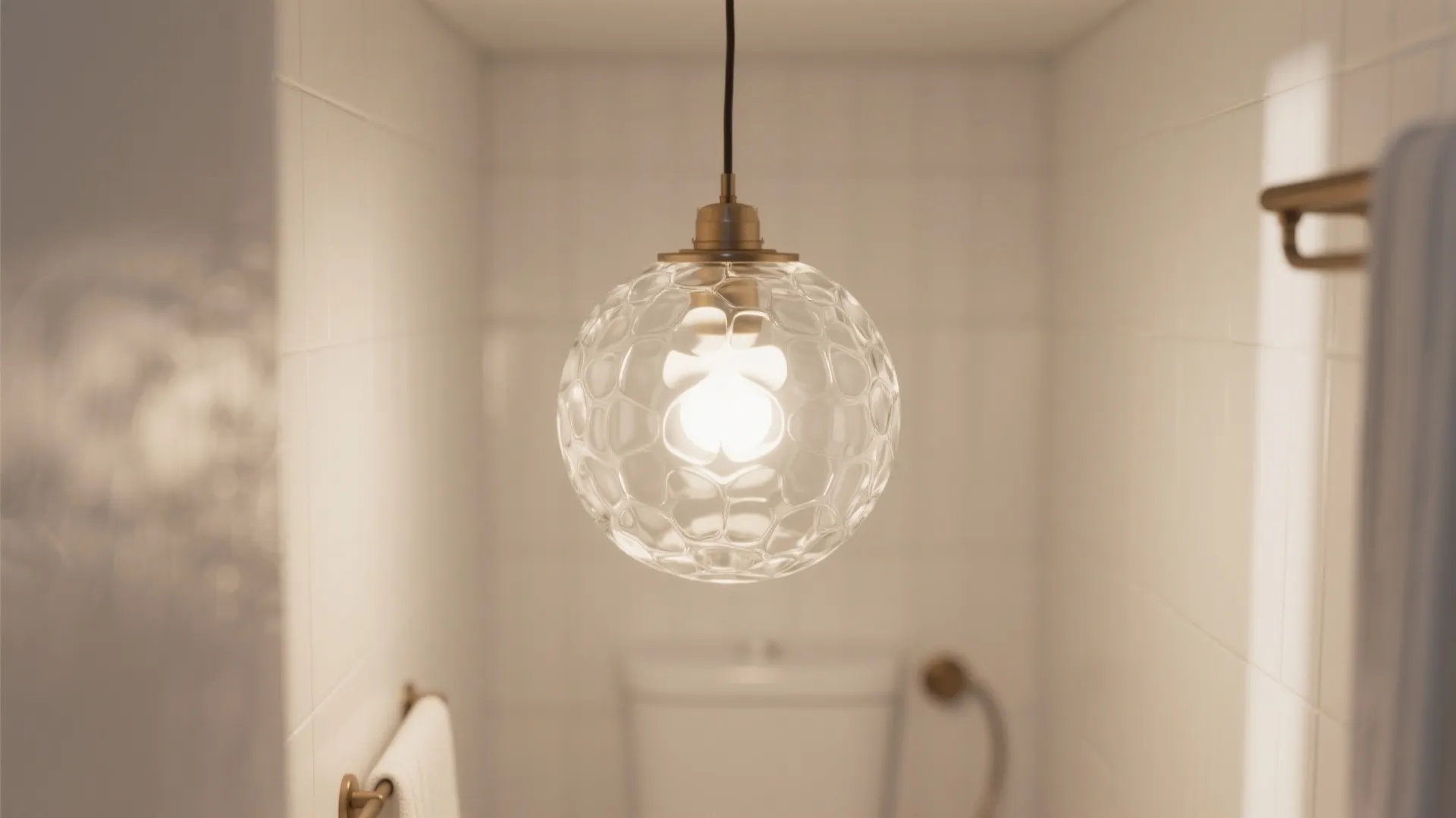 Round glass ceiling light hanging in a bright bathroom with white tile walls and towel