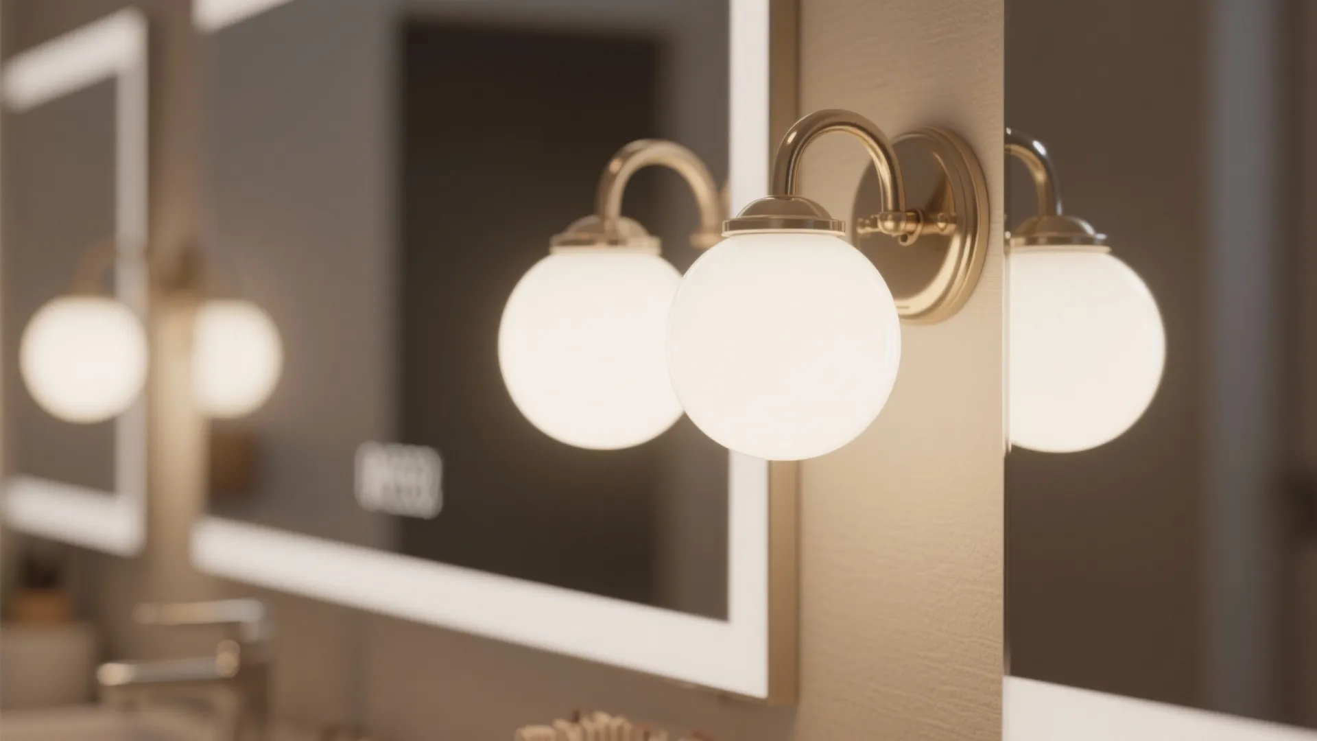 Compact white frosted globe vanity lights providing a soft, flattering glow.