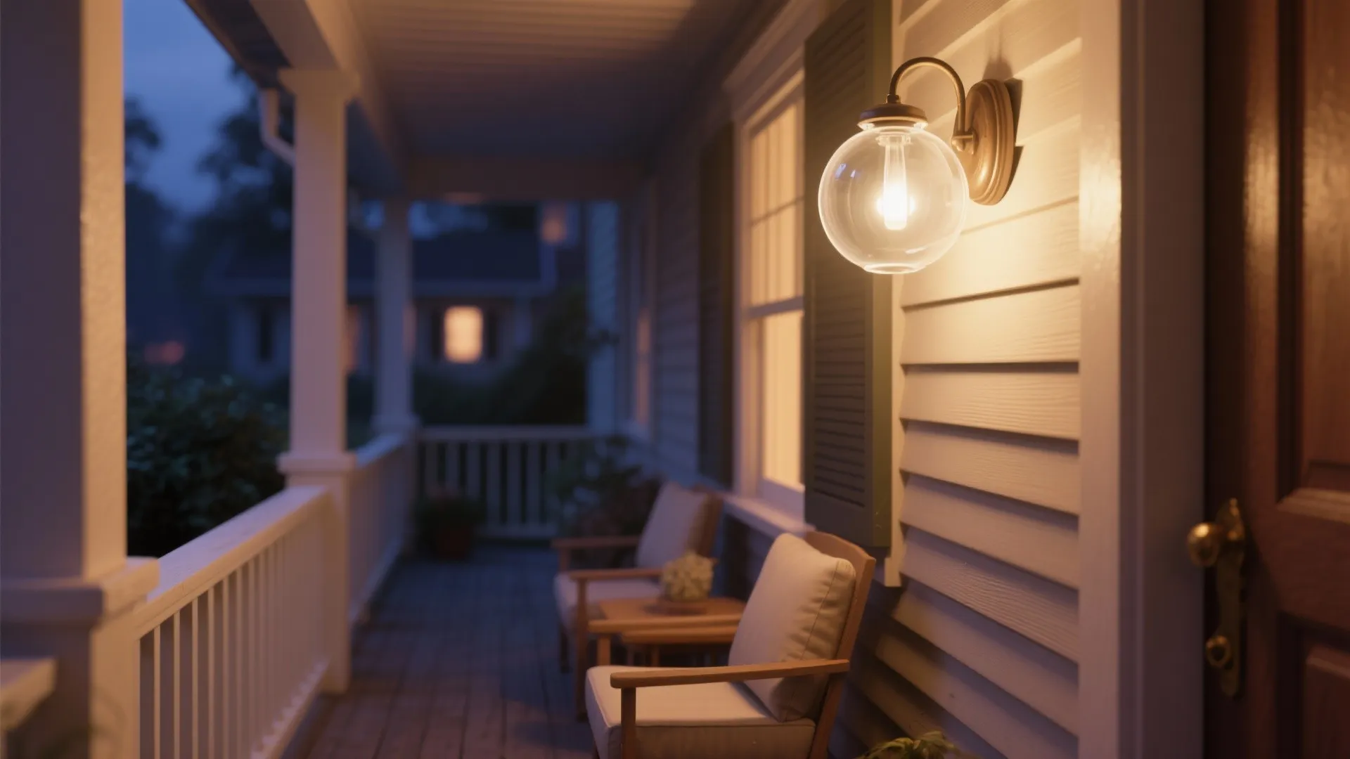 Porch with a frosted glass globe wall light emitting soft ambient glow