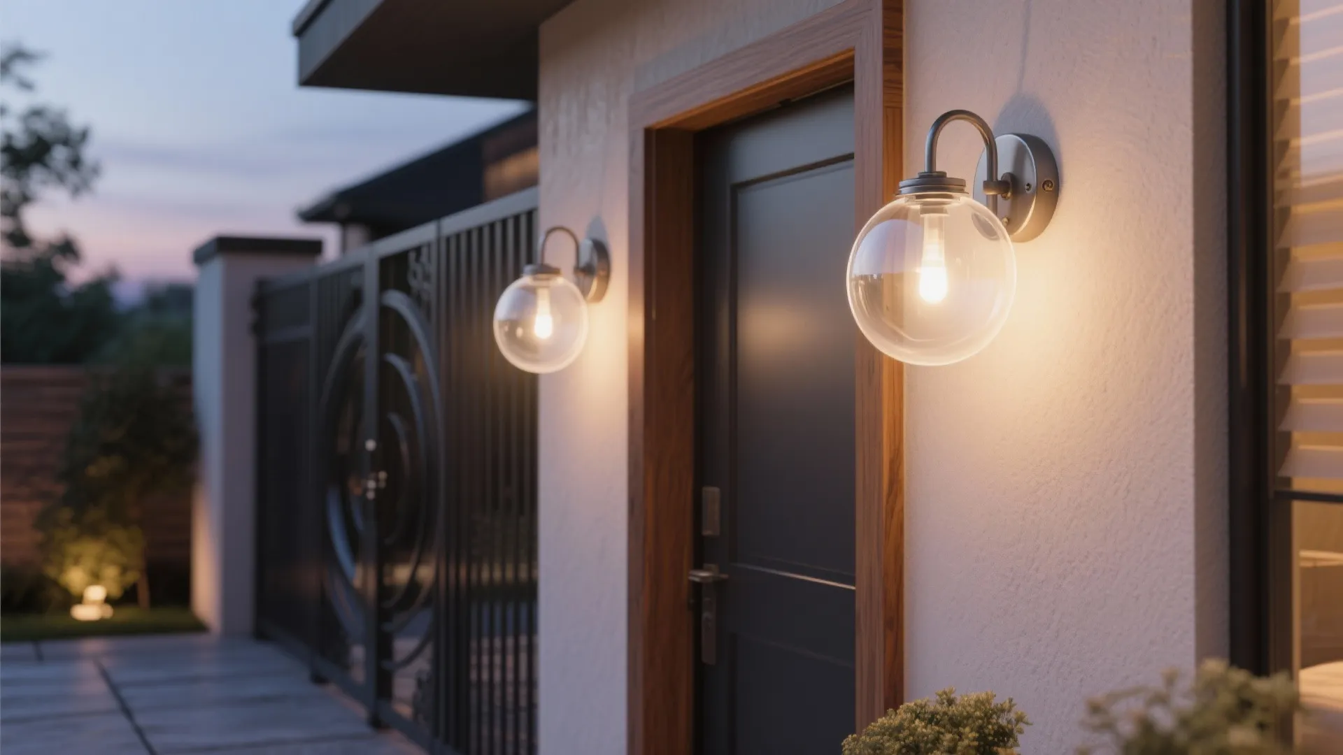 Two round glass wall lights placed near a dark front door entrance for evening illumination