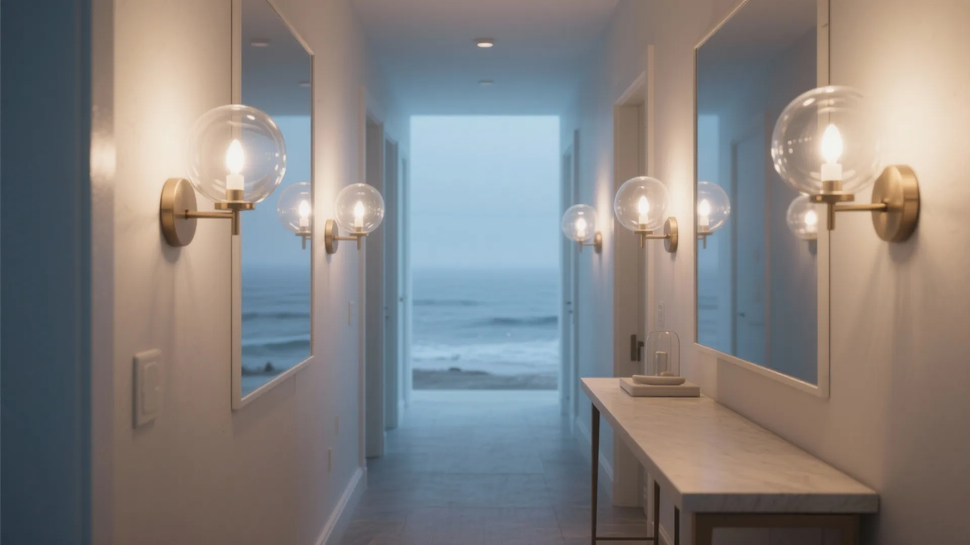 Narrow hallway lit by frosted glass globe sconces casting soft, even ambient light.