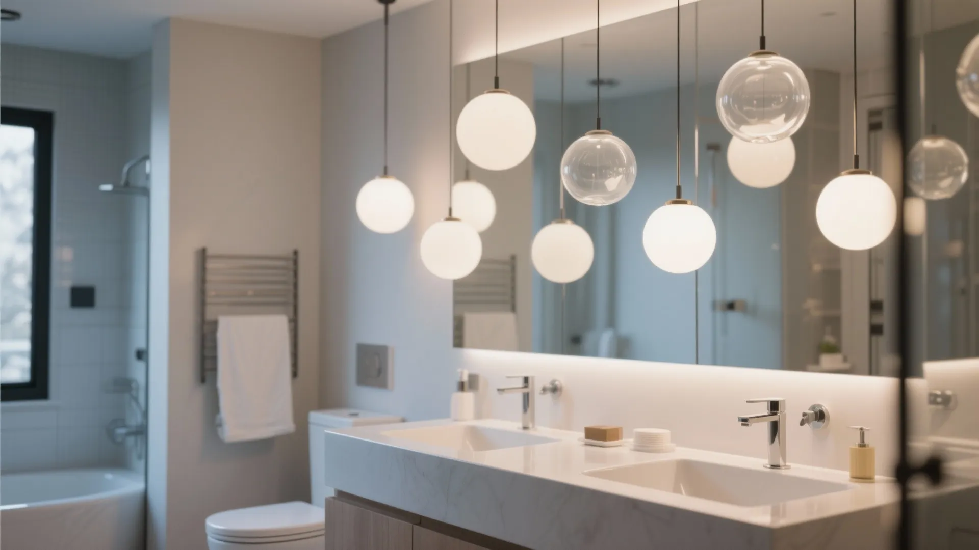 Frosted globe pendant lights over bathroom vanity