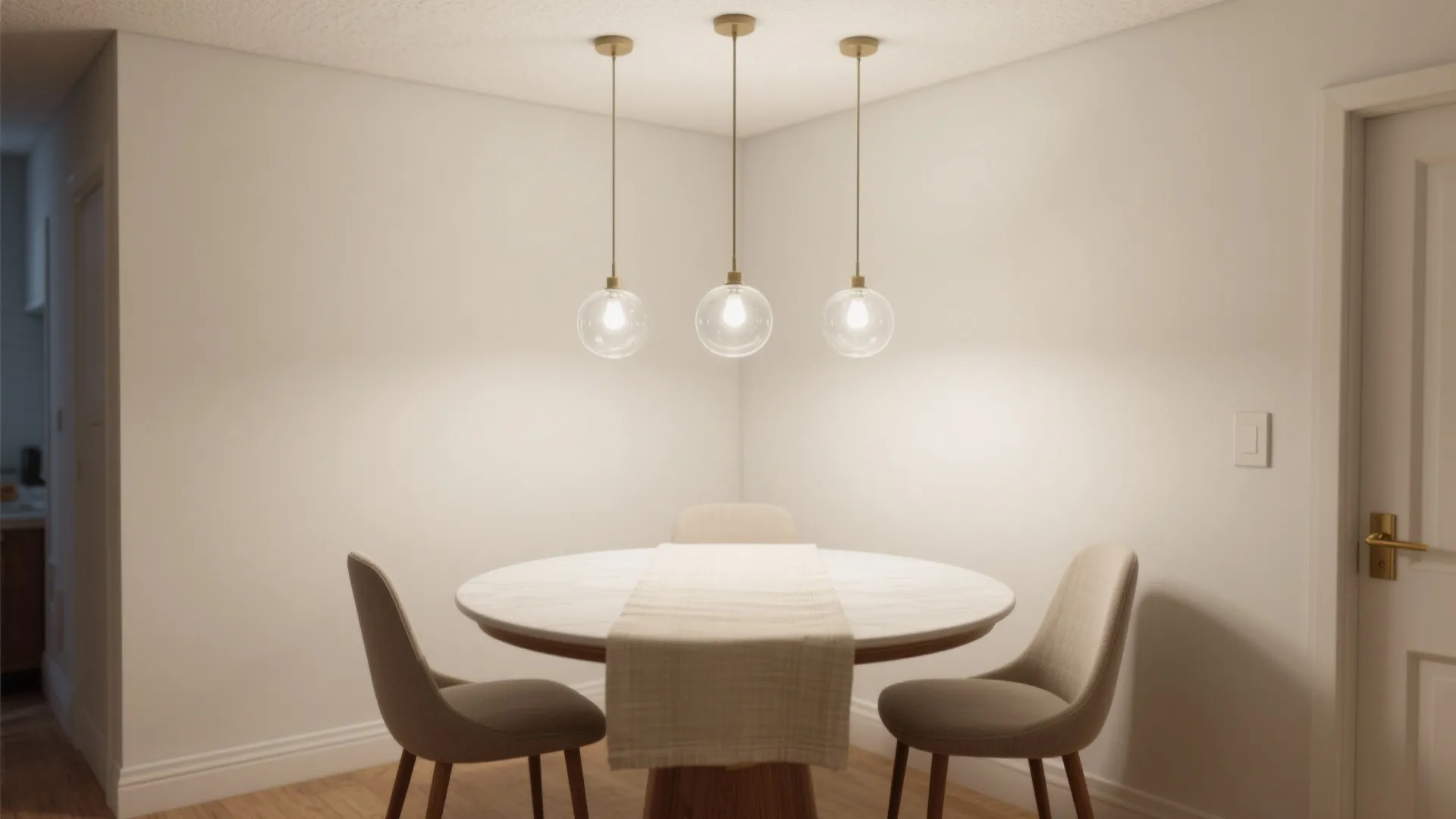 Three globe ceiling lights hanging over a round dining table with two chairs in white room