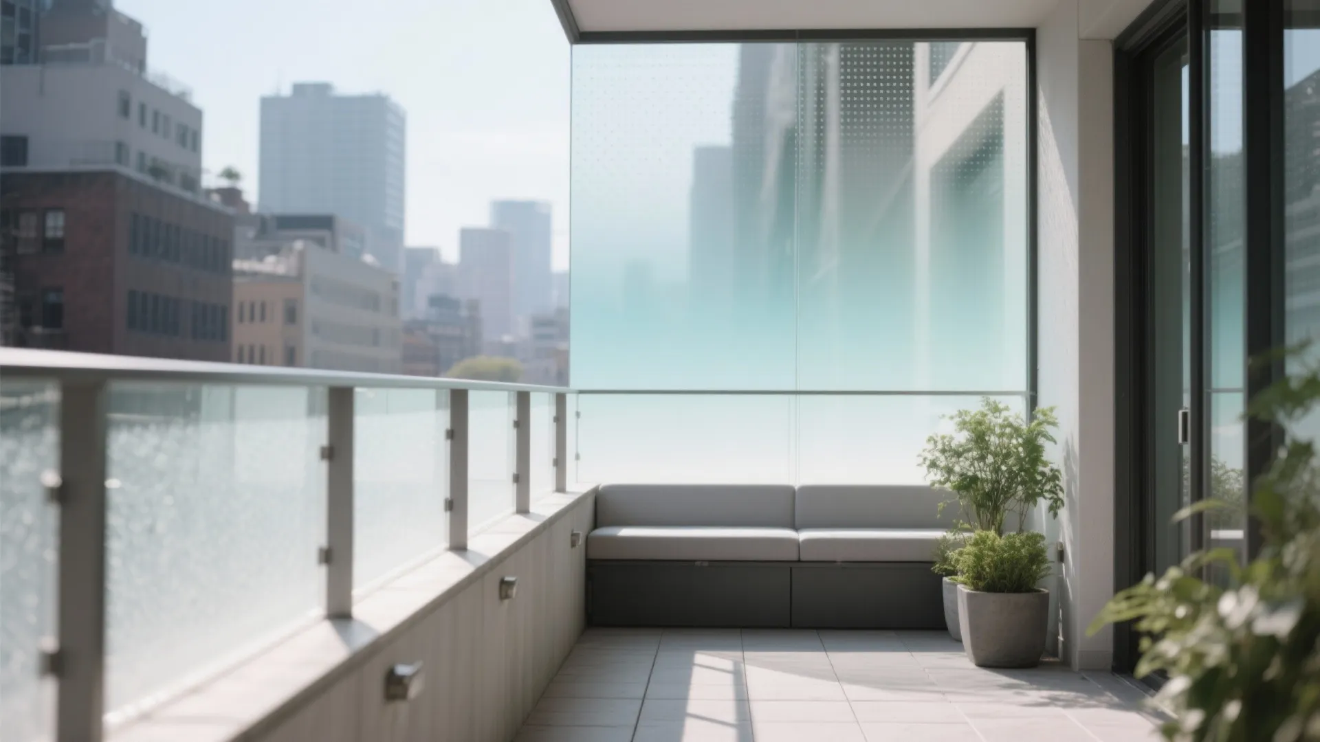 Modern balcony with grey outdoor sofa, potted plants, glass railing, and a frosted privacy screen