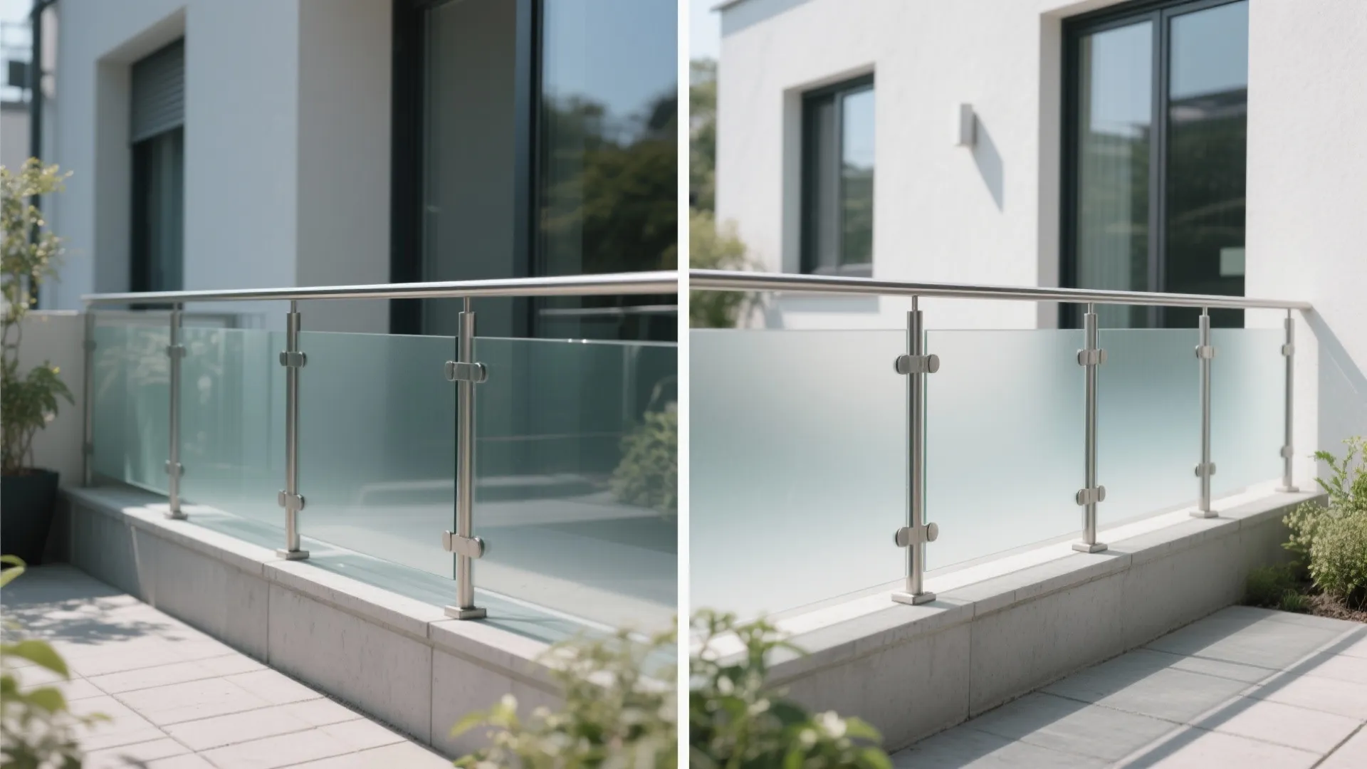 Modern outdoor balcony showing a comparison between clear glass and frosted glass railing for home privacy