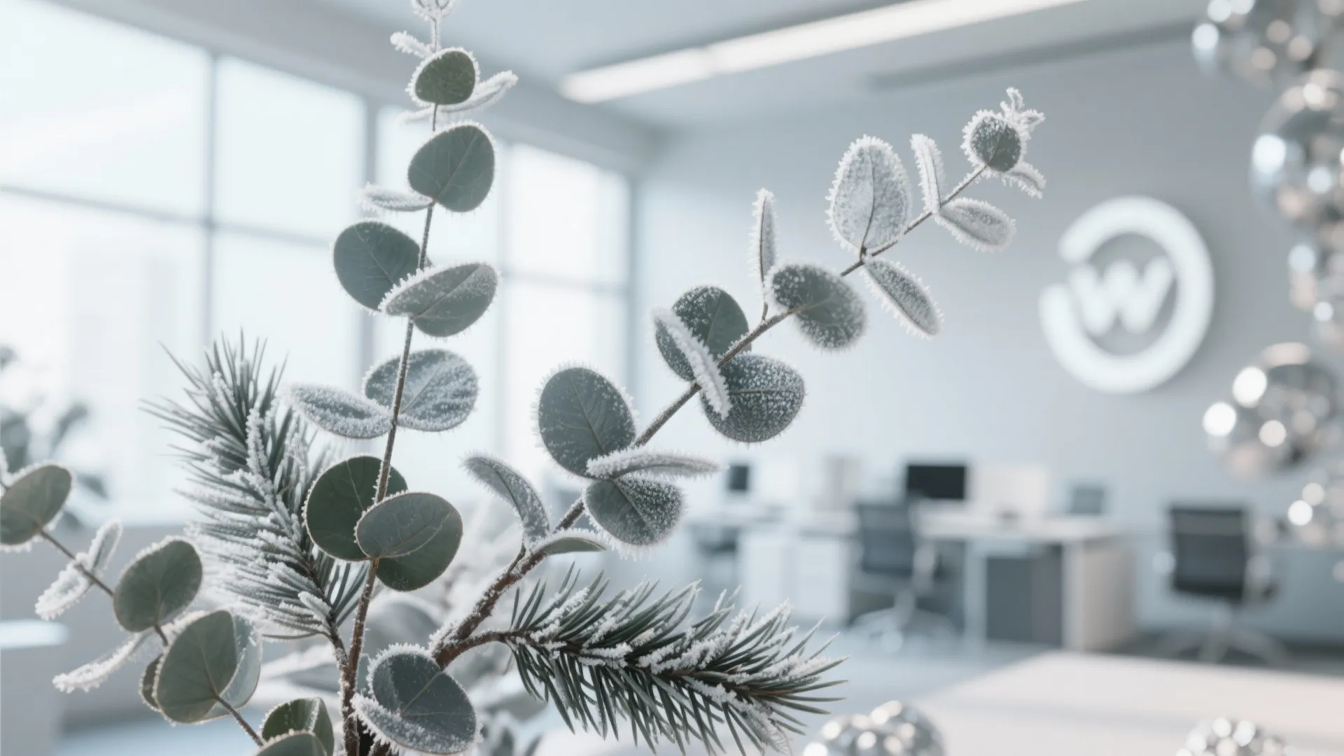 Frosted green eucalyptus and pine branches in the foreground with a blurry modern office background