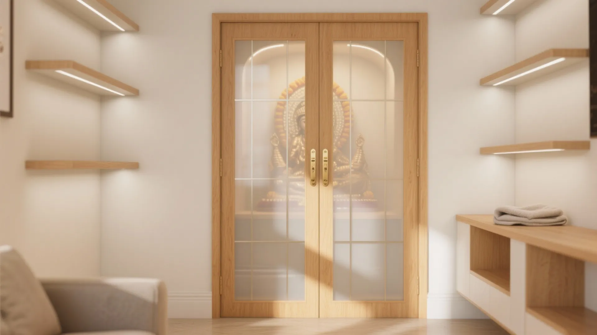 Modern prayer room with frosted glass double doors wood shelving and warm soft light interior design