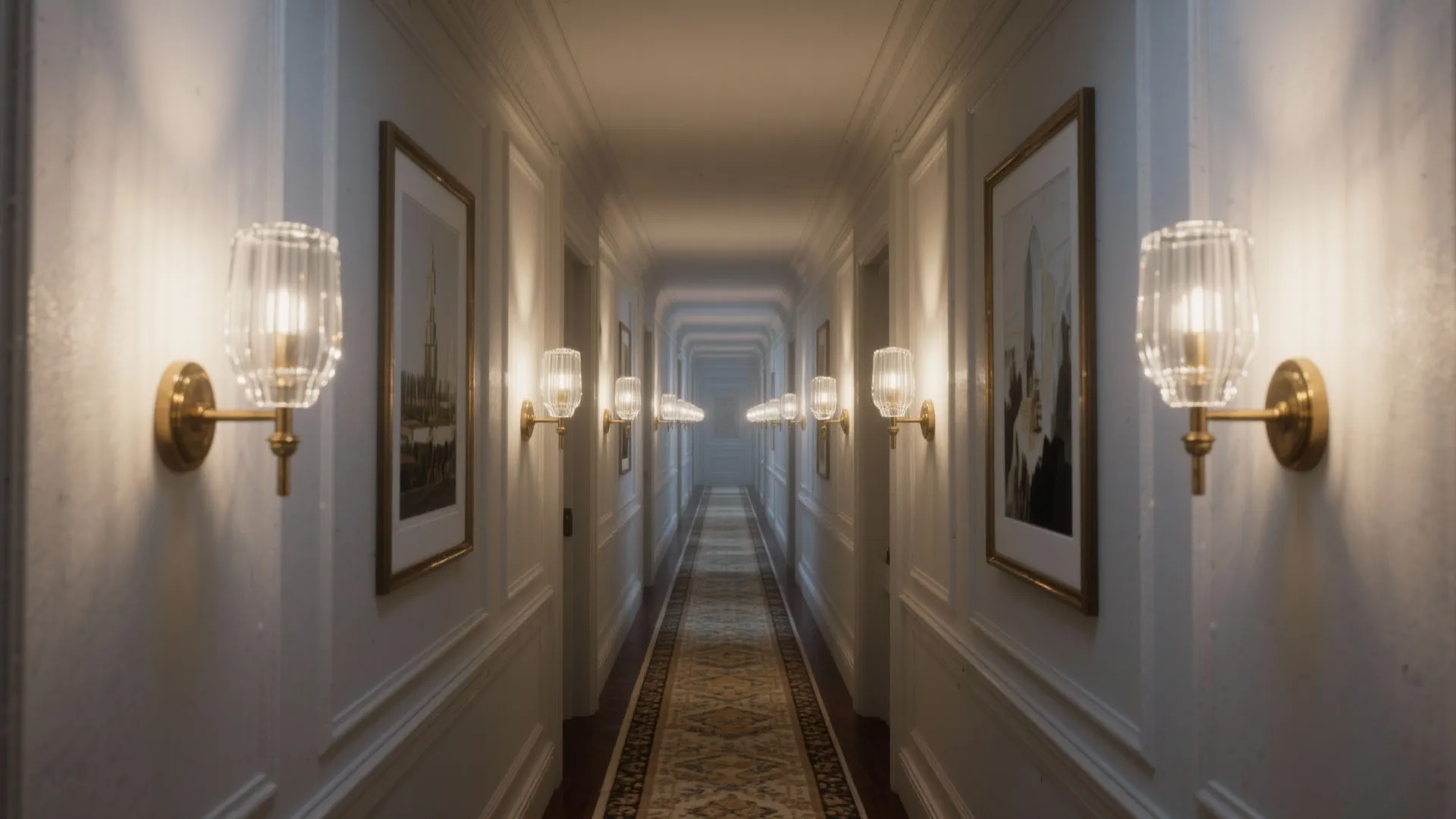 Long classic hallway with white wall panels patterned carpet runner and many glass wall light fixtures