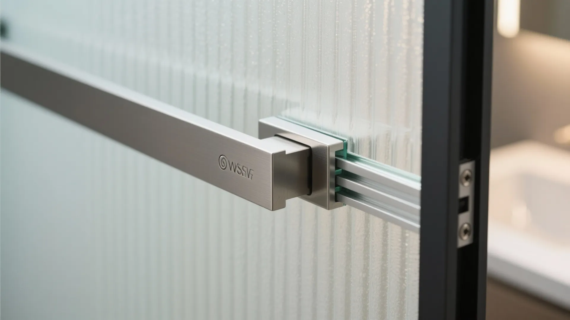 Macro of frosted tempered glass edge with soft-close sliding hardware and clean track detail.