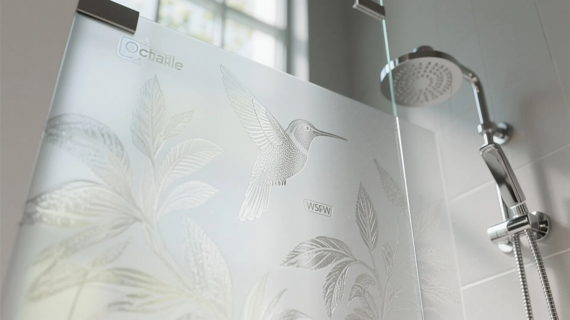 Frosted glass shower door with hummingbird designs next to a silver shower head and tiles