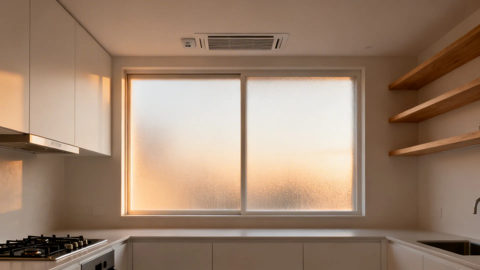 Private ground-floor kitchen with frosted window and a discreet ceiling grille for a remote inline fan.