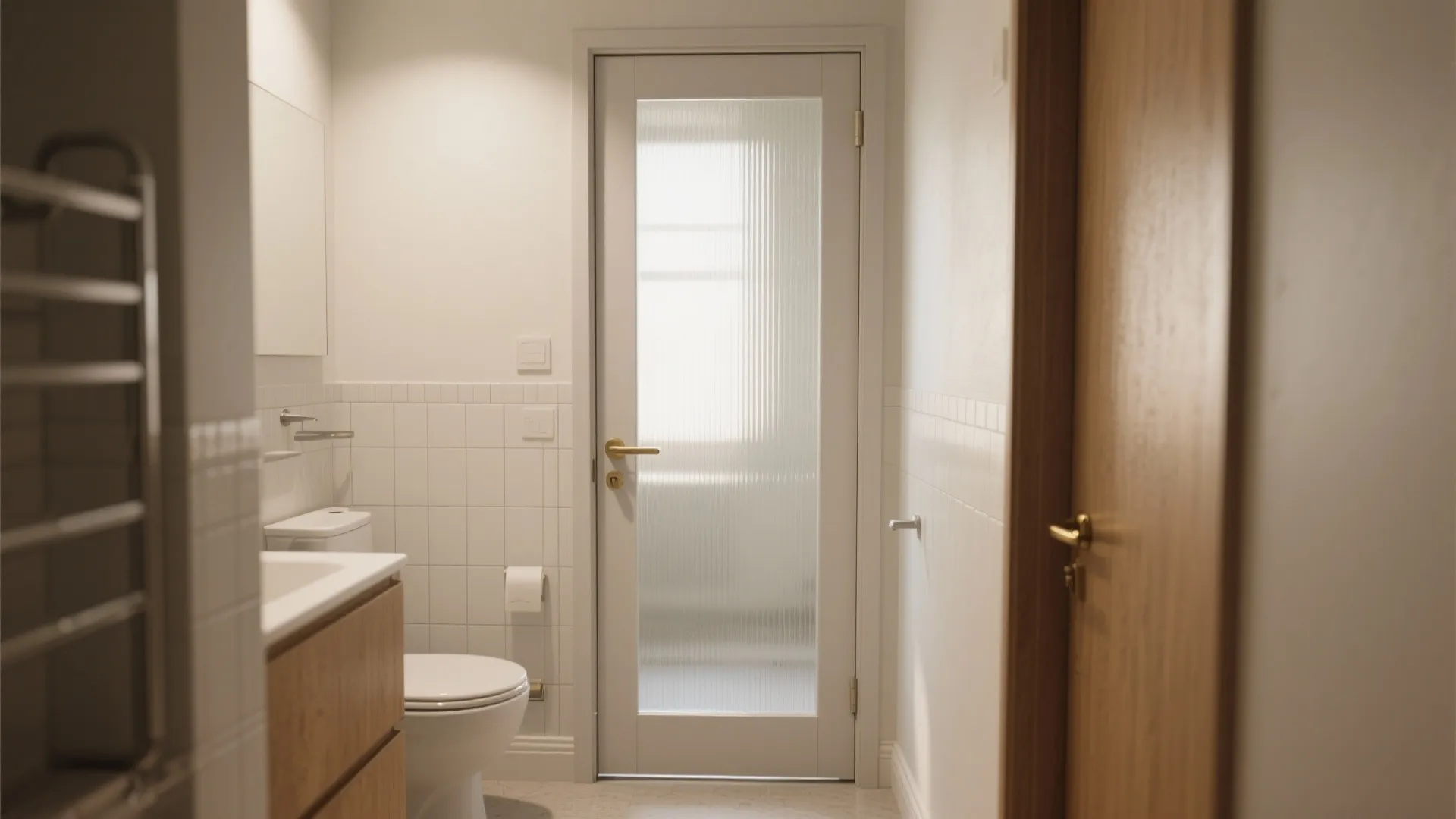 White bathroom interior featuring toilet, wooden cabinet, sink, and glass panel door with gold handle
