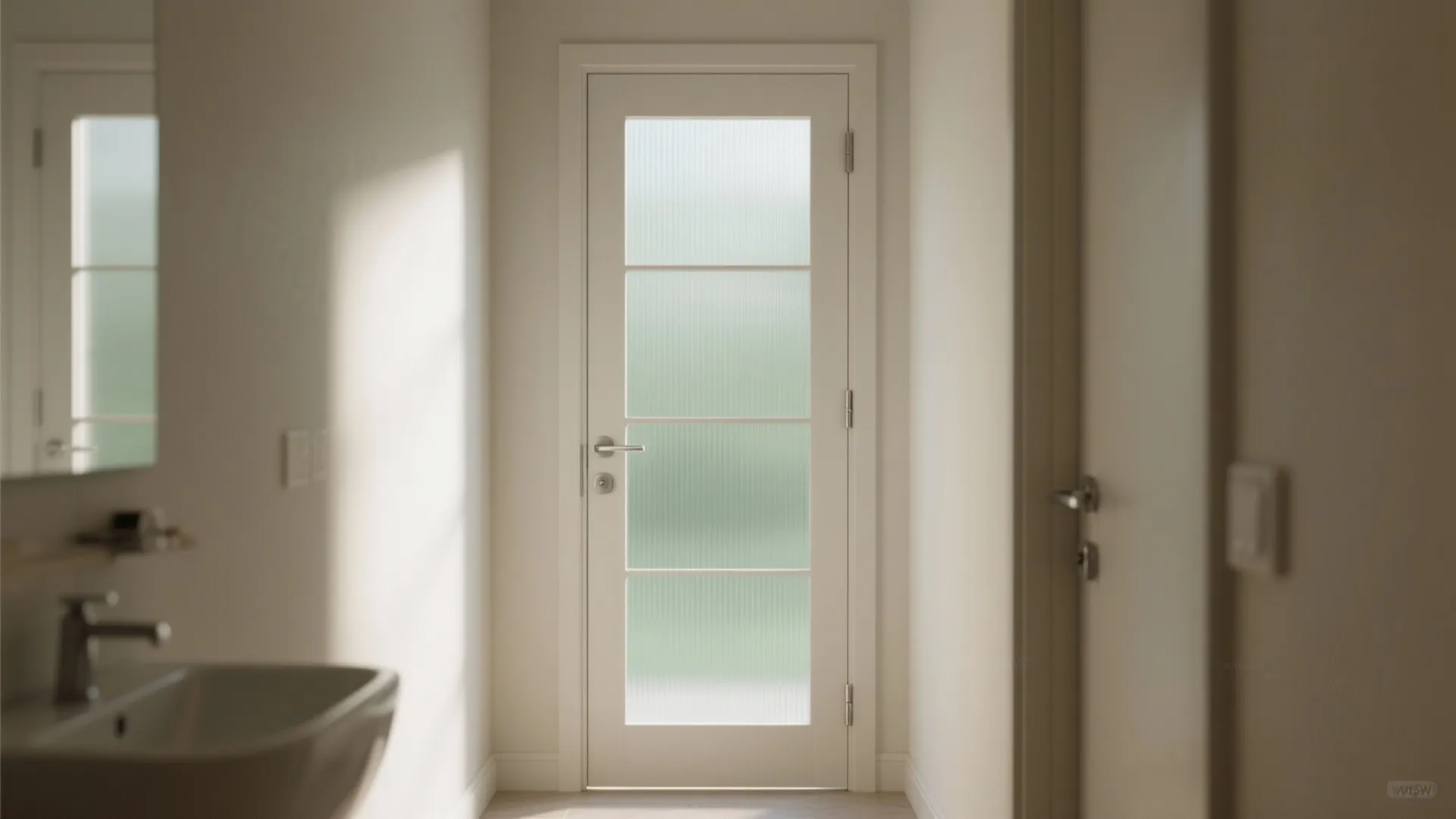 White interior door with frosted glass panels located near a bathroom sink and white walls
