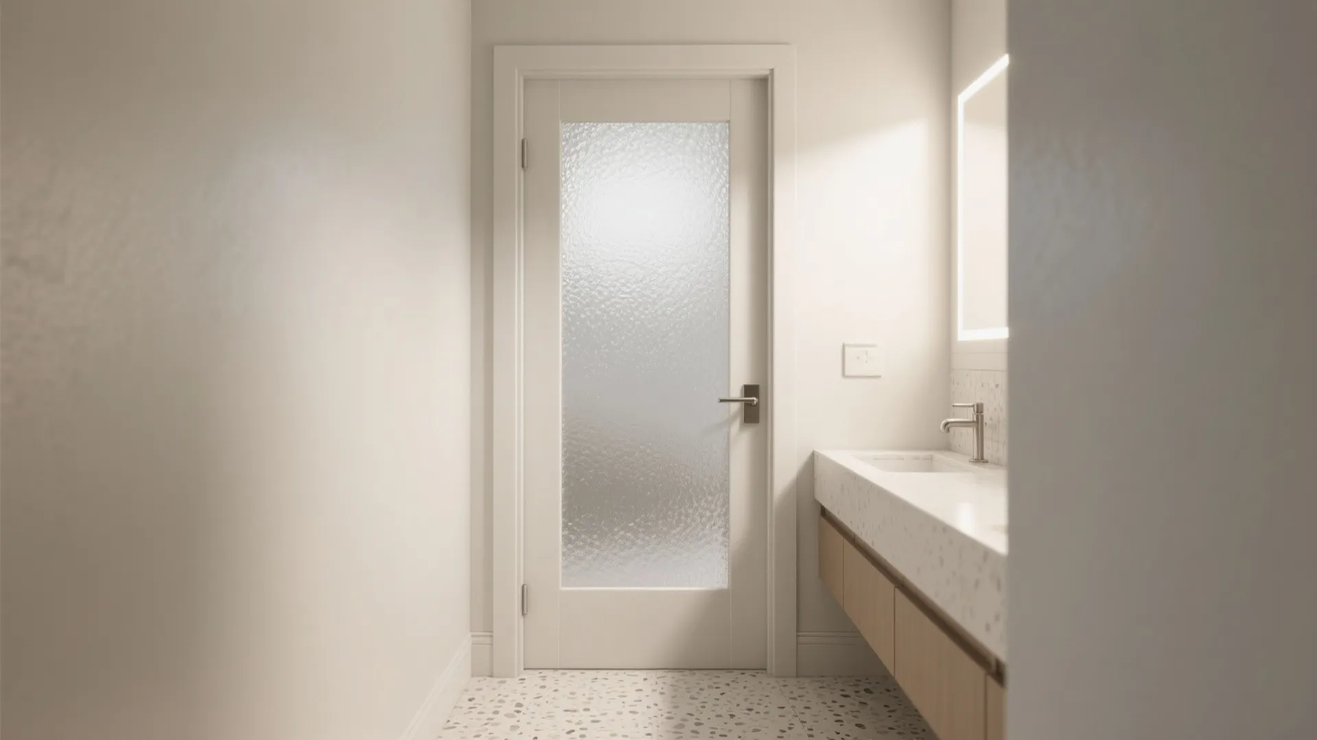 Modern bathroom featuring white frosted glass door with wooden cabinet and white speckled tile floor