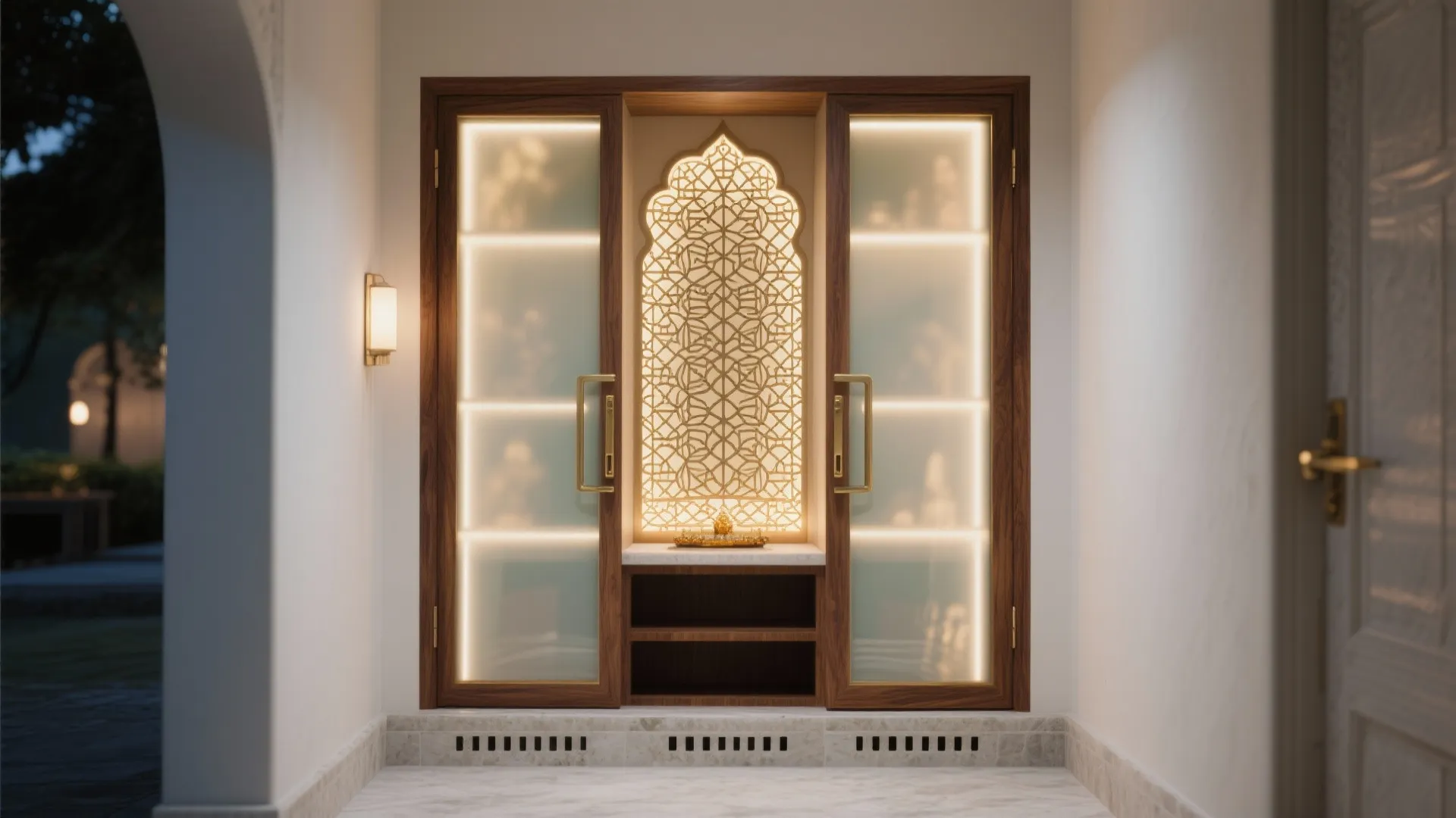 Frosted Glass Doors with Backlit Jaali Patterns