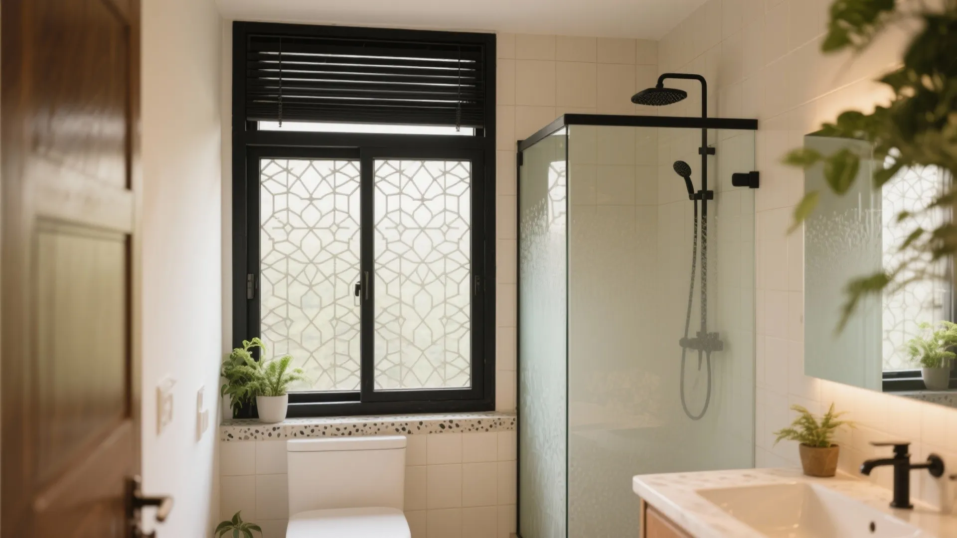 Cozy bathroom with patterned window glass black window blinds glass shower cabin and white ceramic toilet