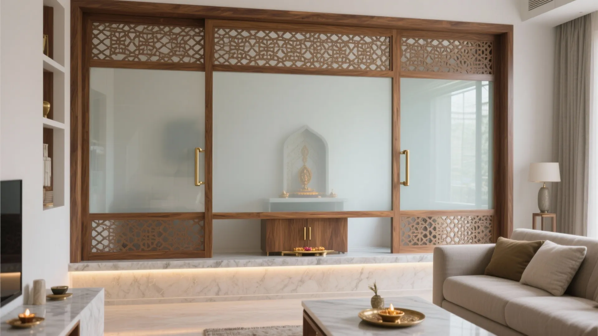 Frosted glass and teak jaali partition creates a private, light-filled pooja corner in a modern living room.
