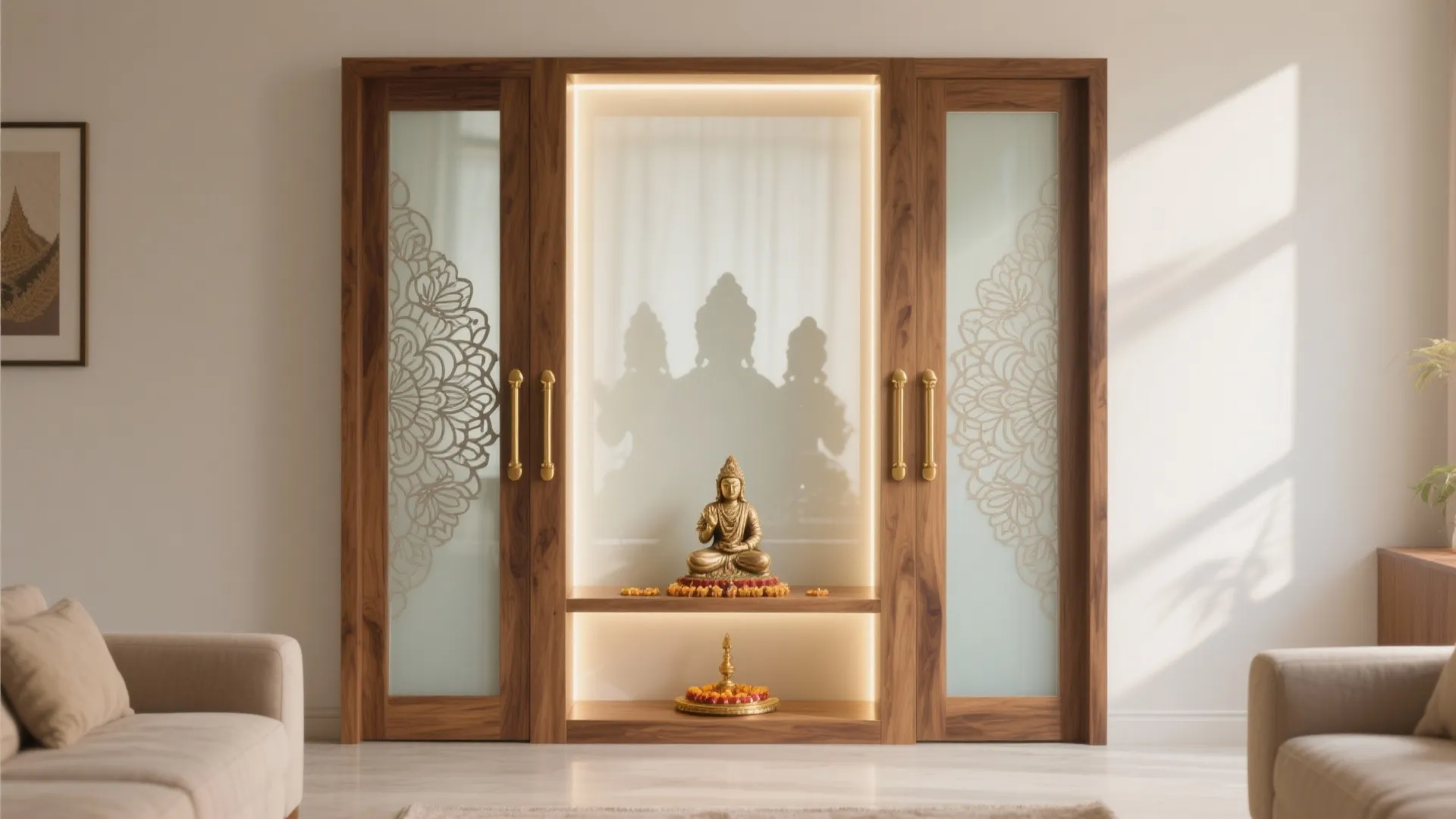 Minimal wood frame with frosted glass jaali