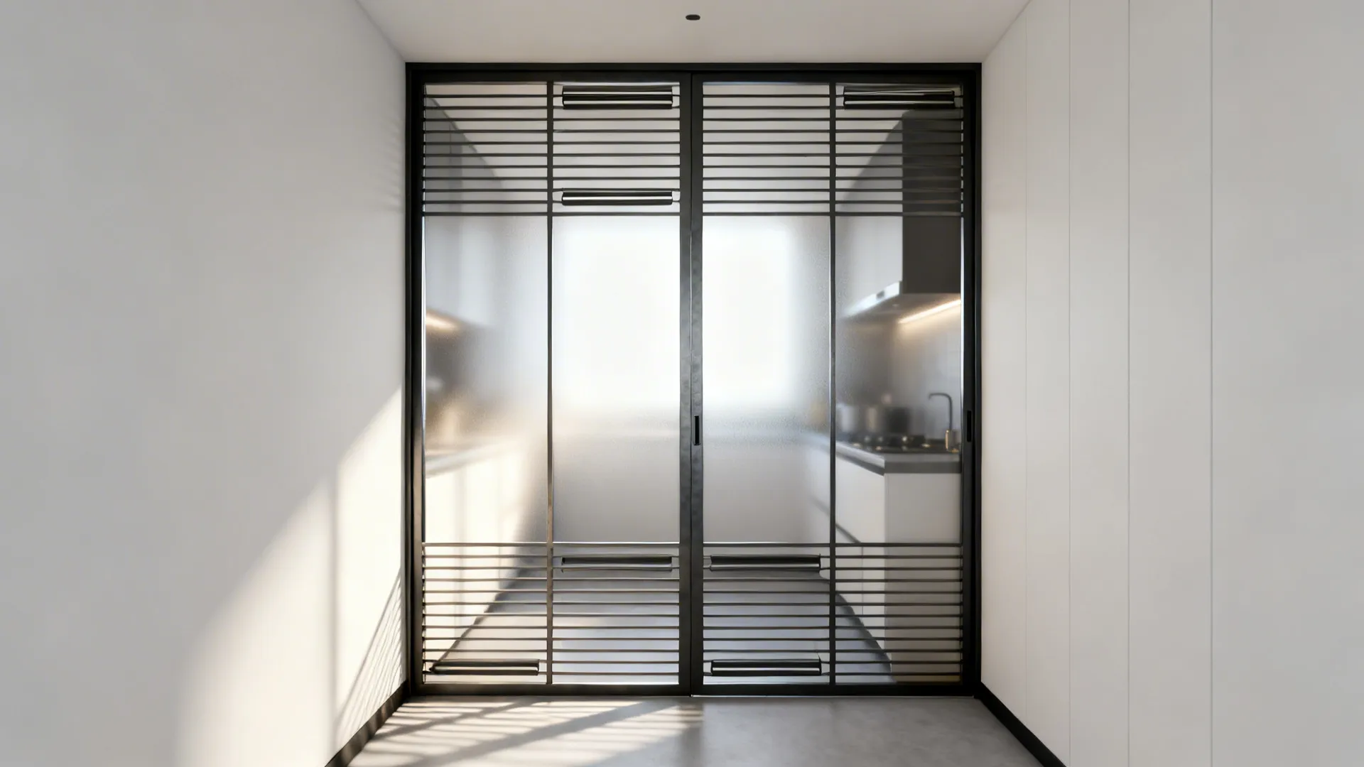 Hybrid jali door with frosted glass brings diffused light while maintaining privacy.