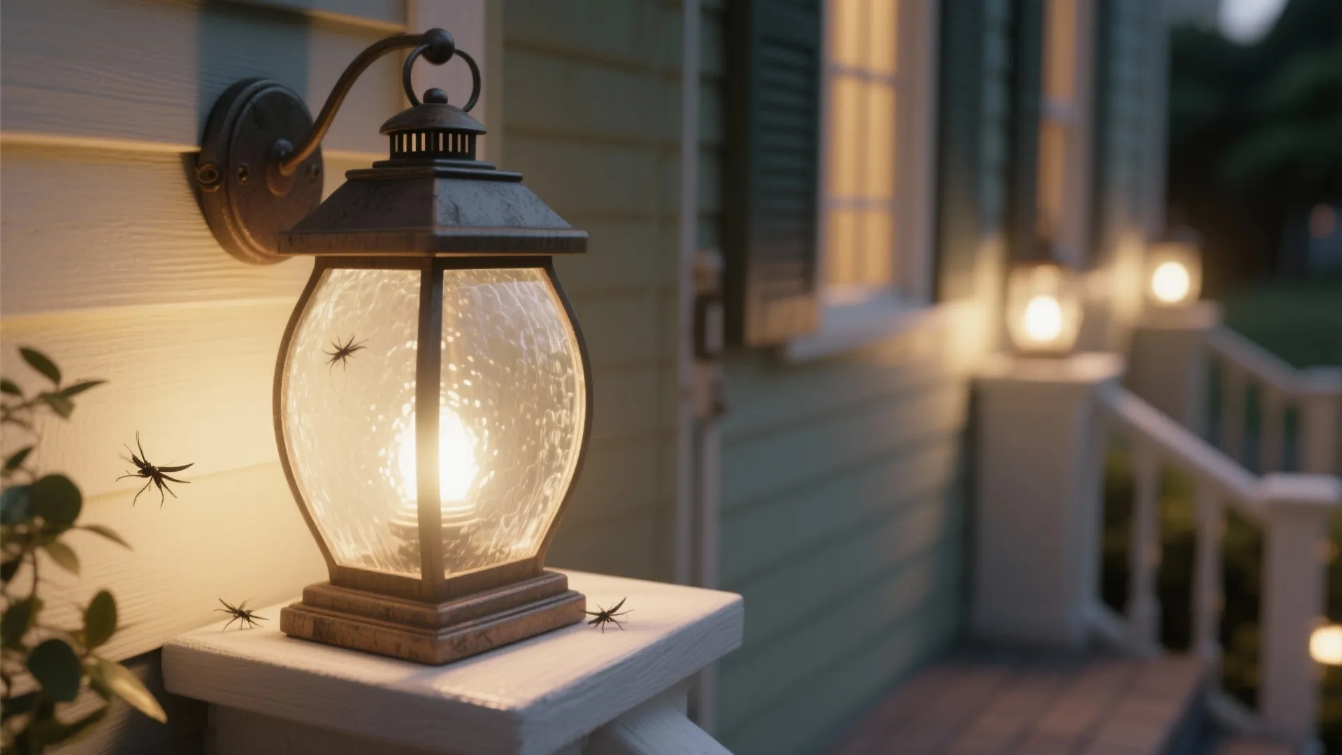 Classic wall light with frosted glass on a white house exterior near green porch shutters
