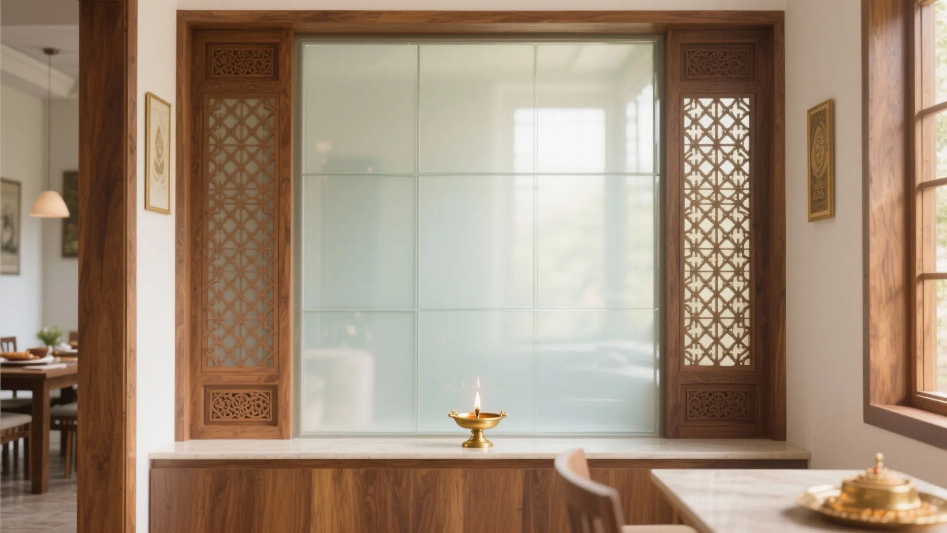 Frosted Glass with Carved Wood Lattice