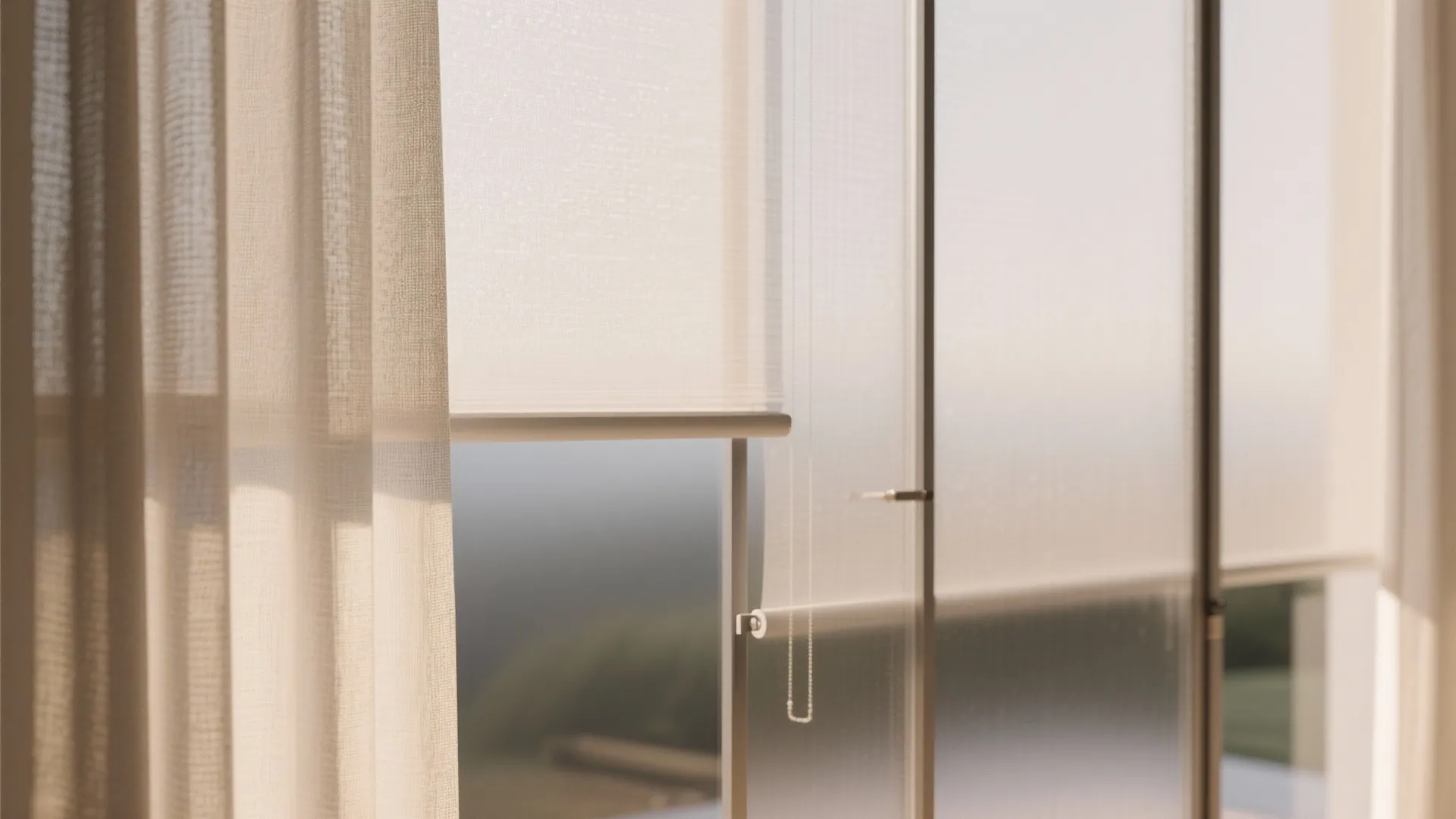1. Frosted glass with layered curtains
