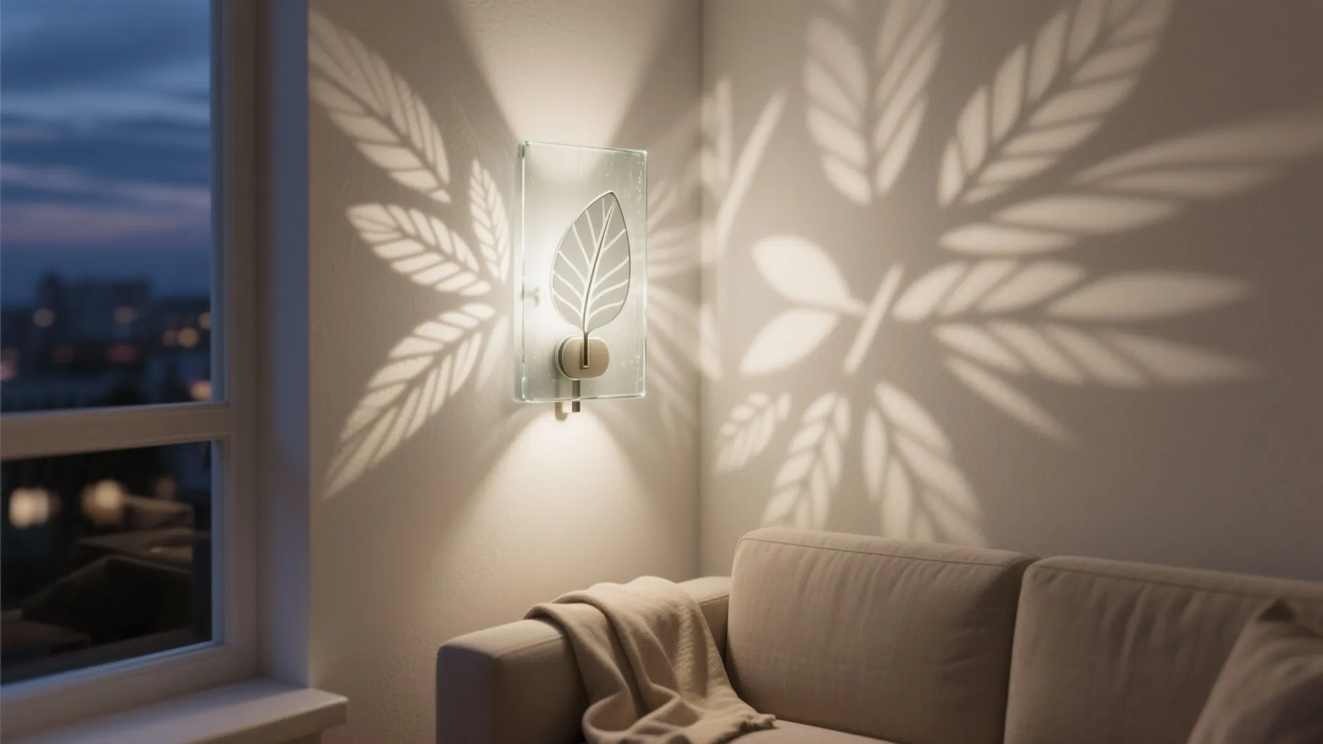 Wall light with leaf design casting large shadows on the wall above soft beige sofa