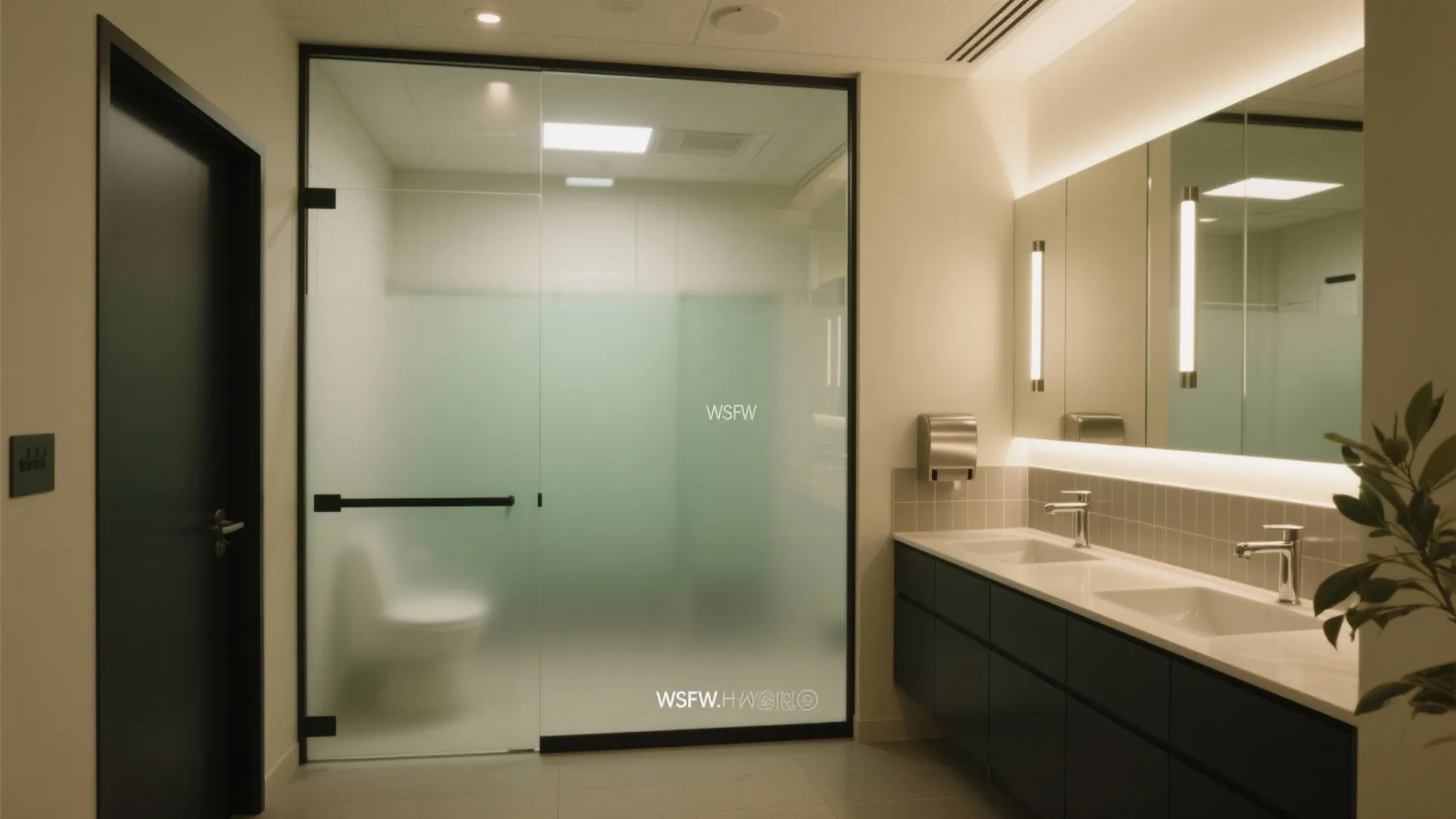 Frosted glass and layered lighting for privacy and openness
