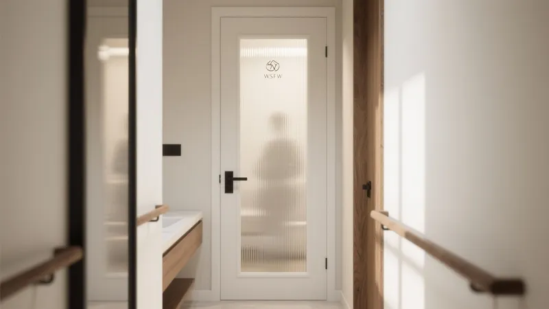 Modern Bathroom Hallway with Frosted Glass Door & Wood Accents