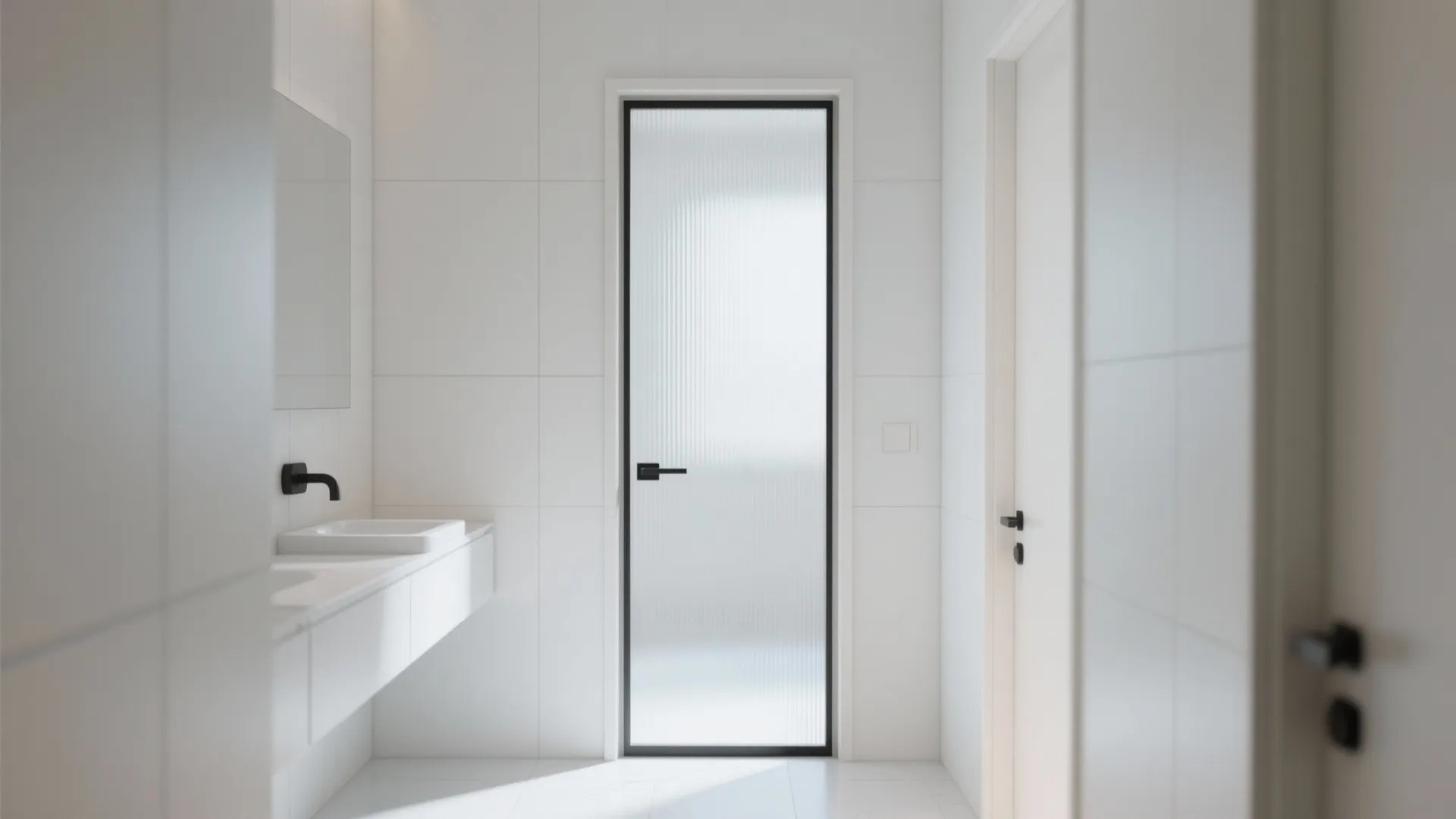 Modern white bathroom with frosted glass door black frame white vanity sink and large wall mirror
