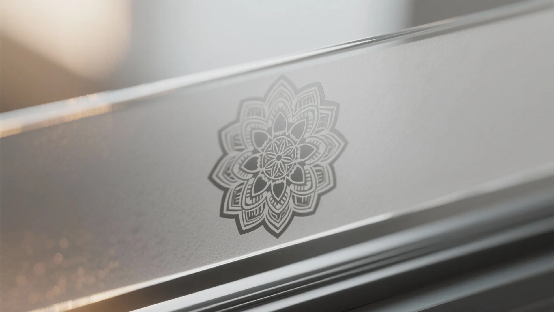 Close up view of a frosted glass surface with a decorative floral pattern in soft light