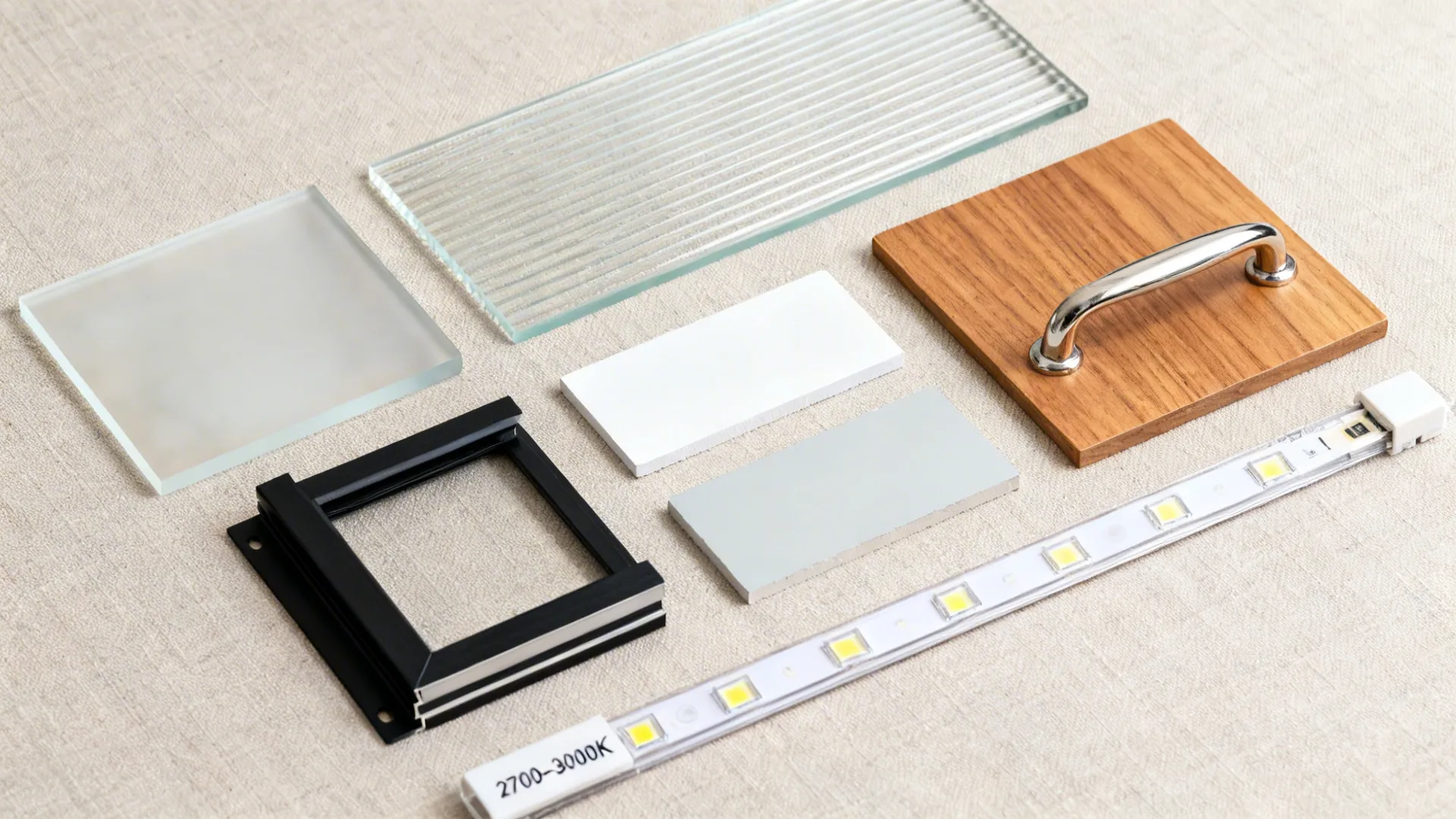 Flat lay of frosted glass samples, black frame, paints, wood veneer, hardware, and LED strip.