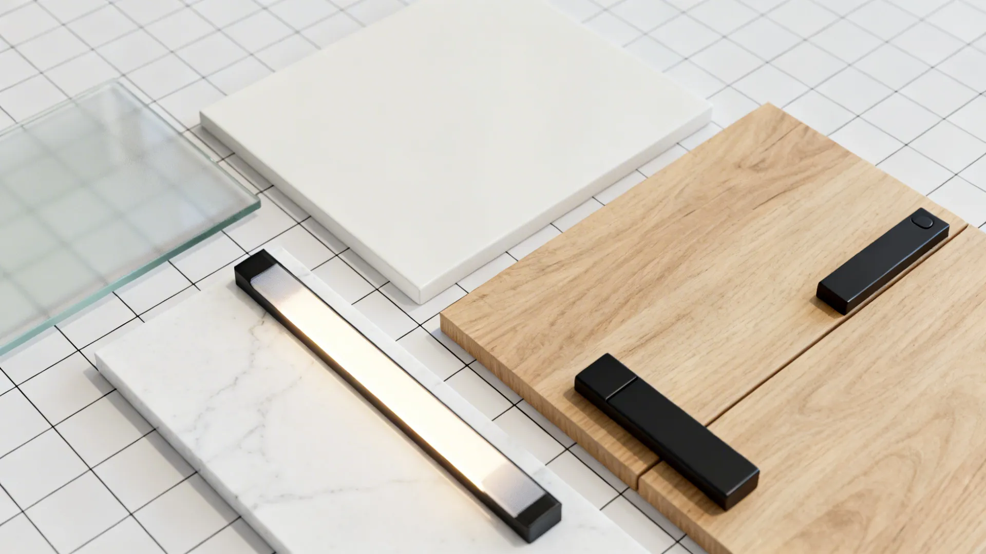 Flat lay with frosted glass, wood, quartz, black hardware, and LED diffuser.