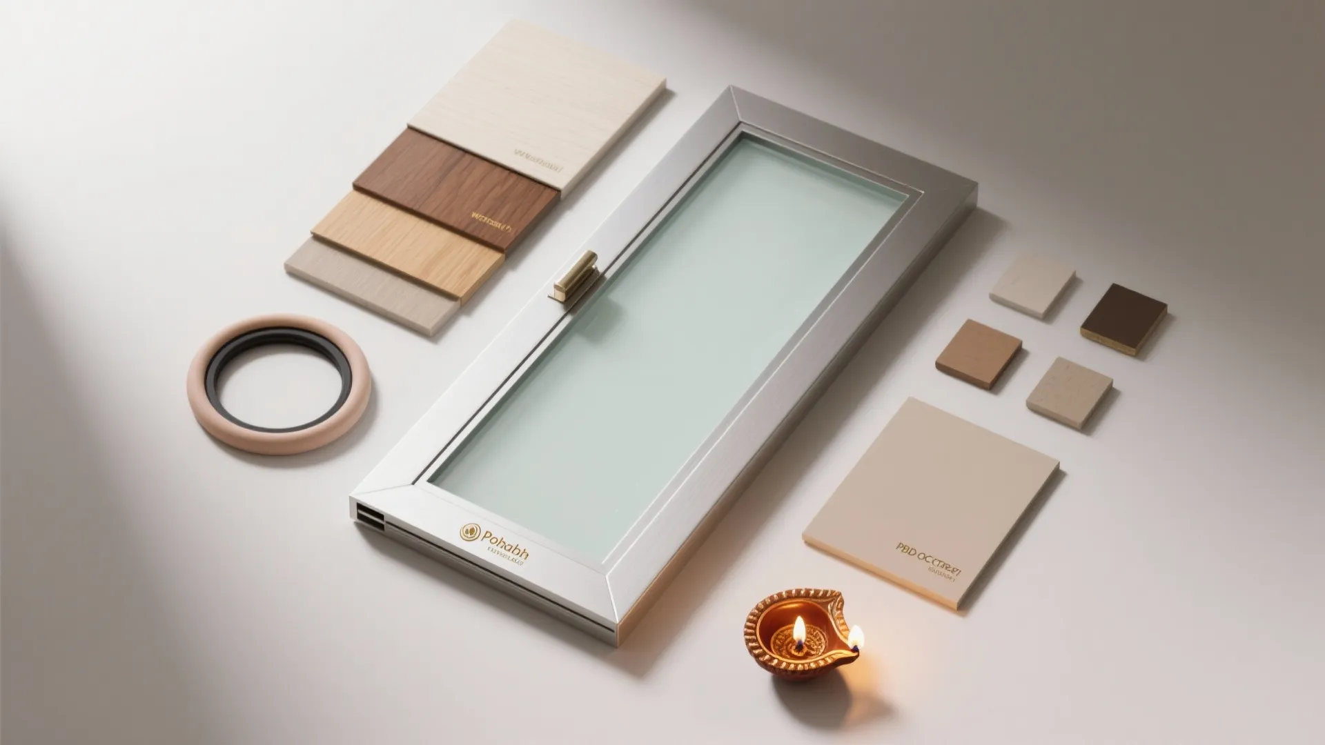 Flat lay showing frosted glass, slim frame samples, gasket, and neutral paint chips.