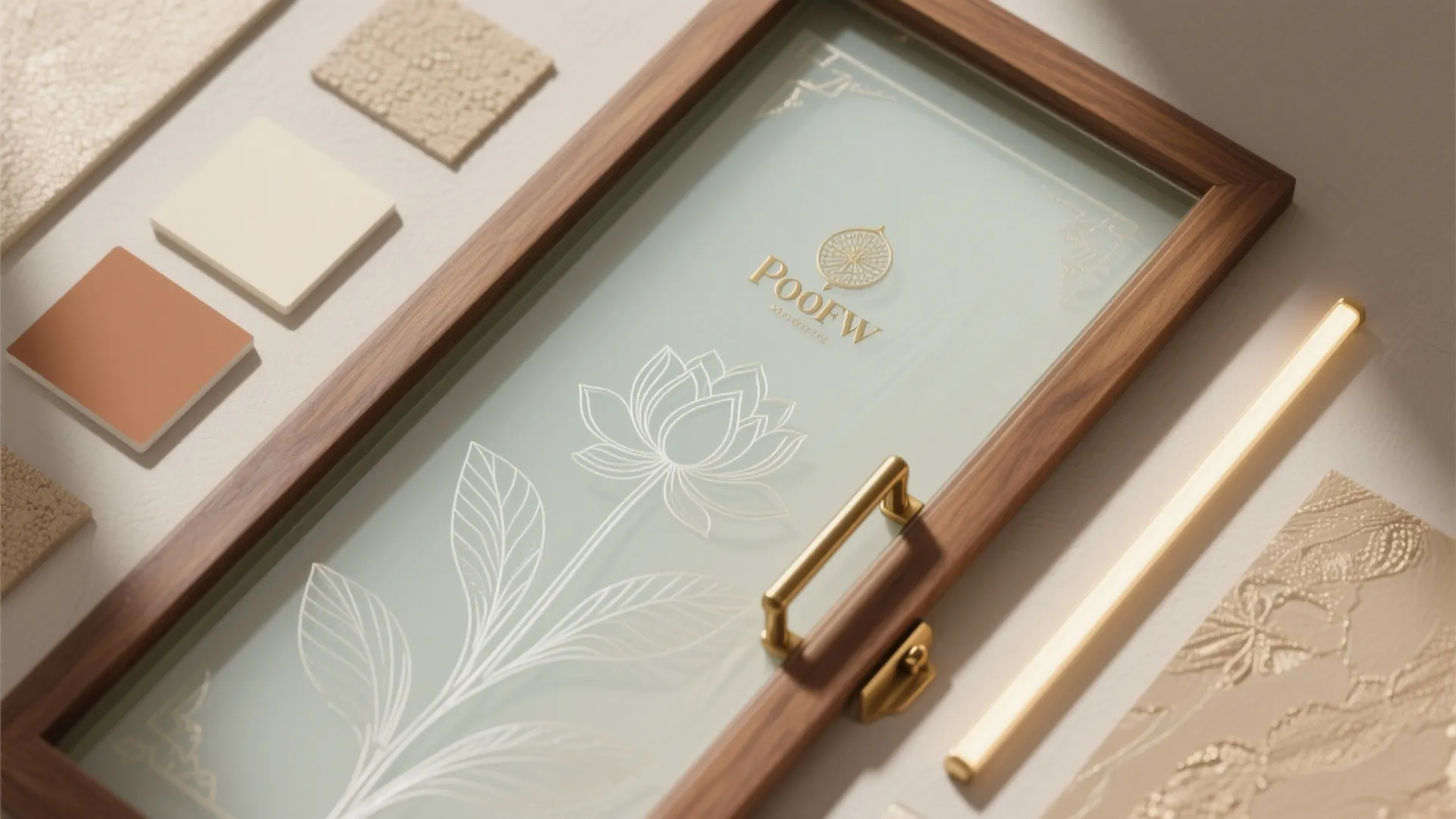 Interior design material board featuring wood frame glass door samples and various colored fabric swatches