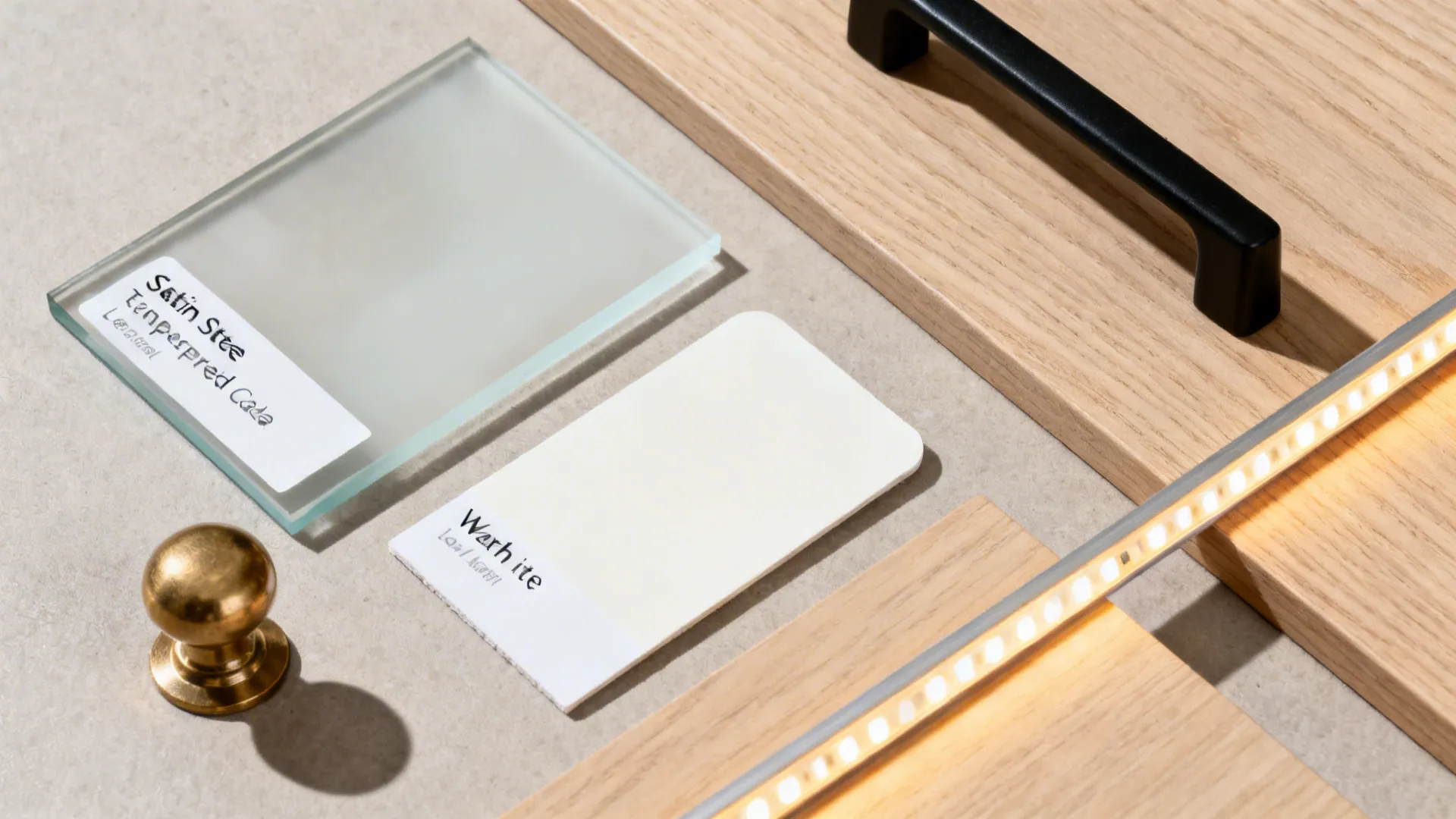 Flat lay of satin-etched and frosted glass with hardware and warm oak samples.