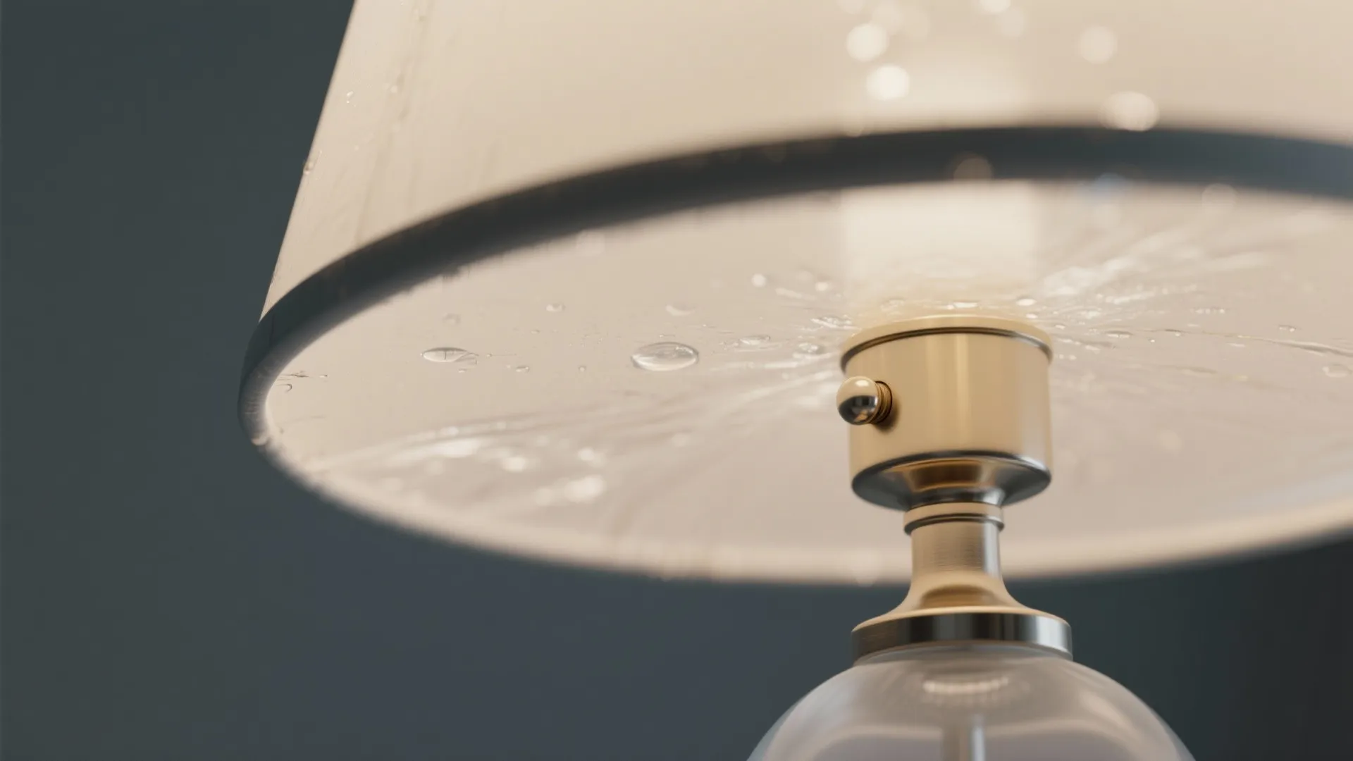 Close up of a modern table lamp with water droplets on the shade and metal base