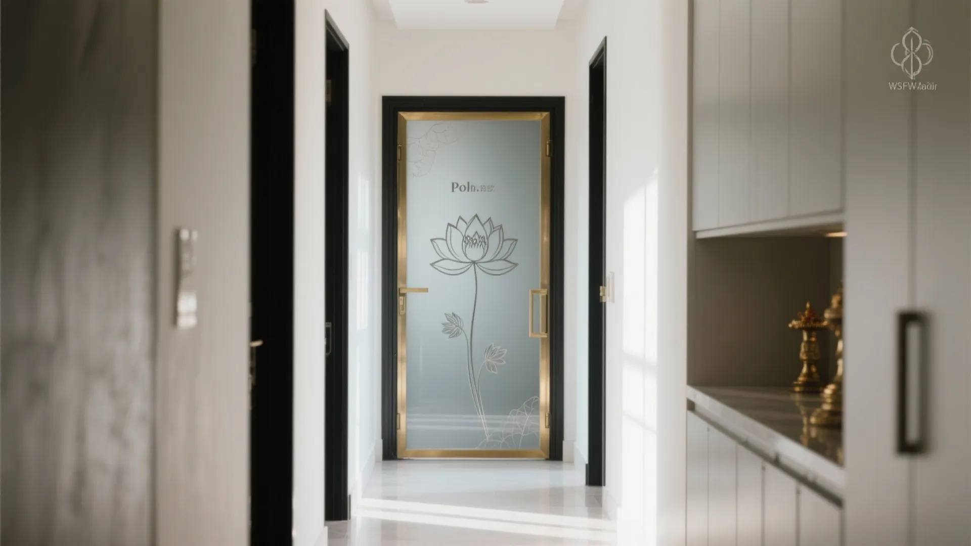 Modern hallway featuring a frosted glass door with a flower pattern and gold metal frame