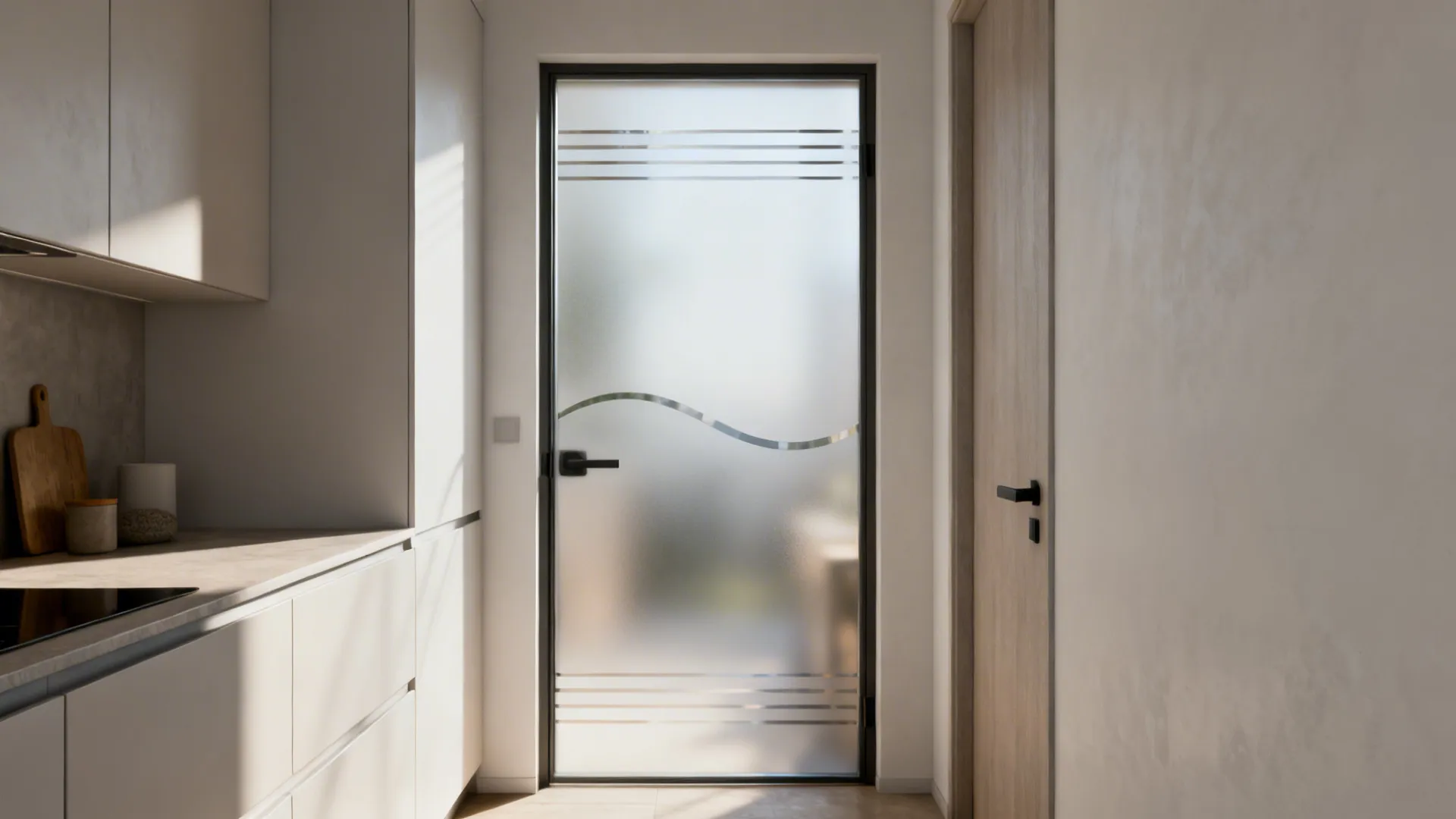 Minimalist frosted motifs on a kitchen glass door diffuse daylight and provide privacy in a compact space.