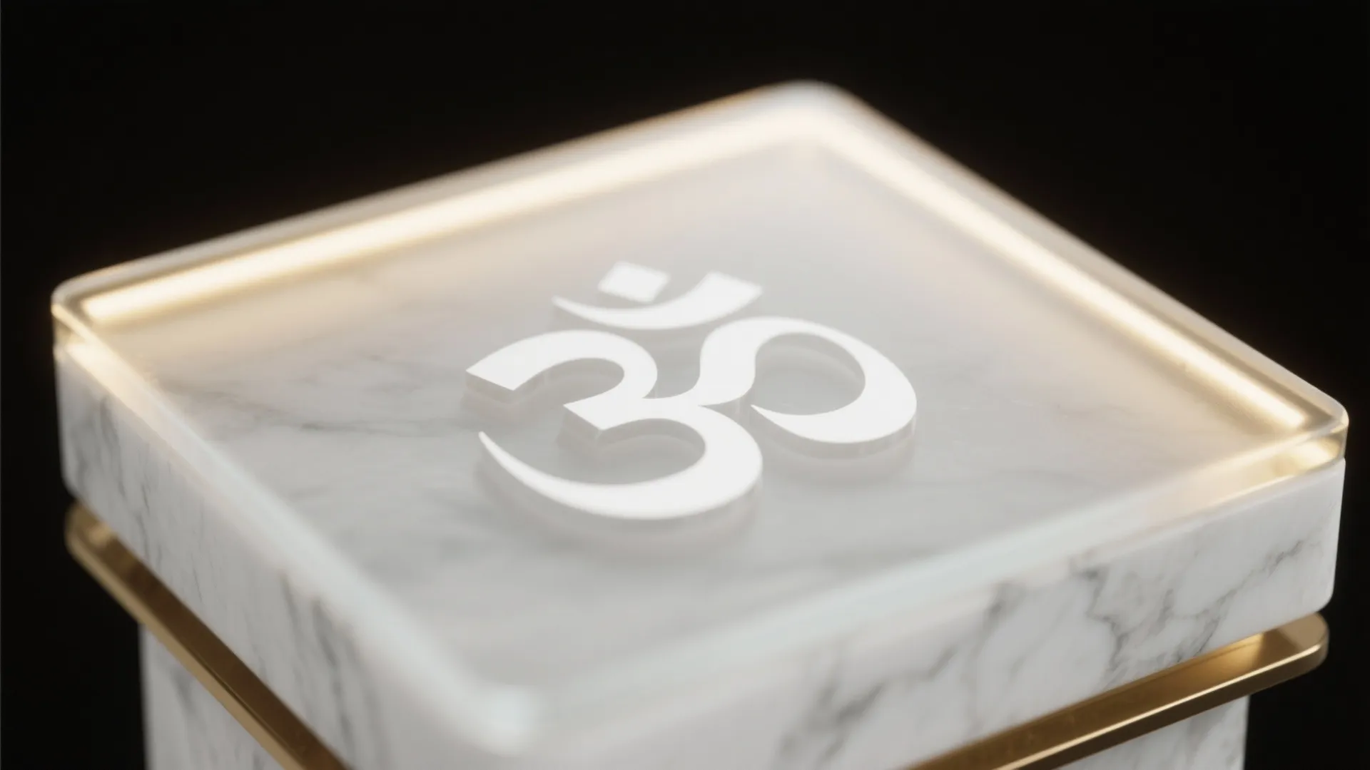 Macro of frosted low-iron glass with subtle Om motif and soft light.