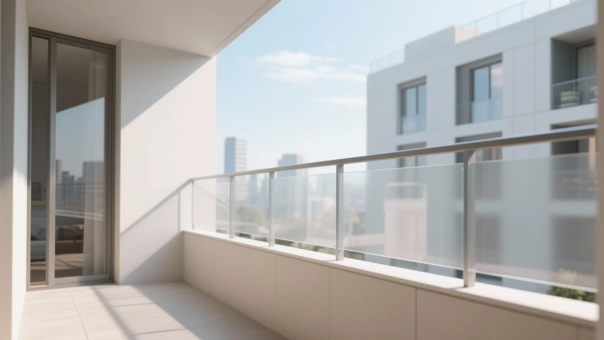 Modern white balcony with glass railing panels looking out at city buildings under a blue sky
