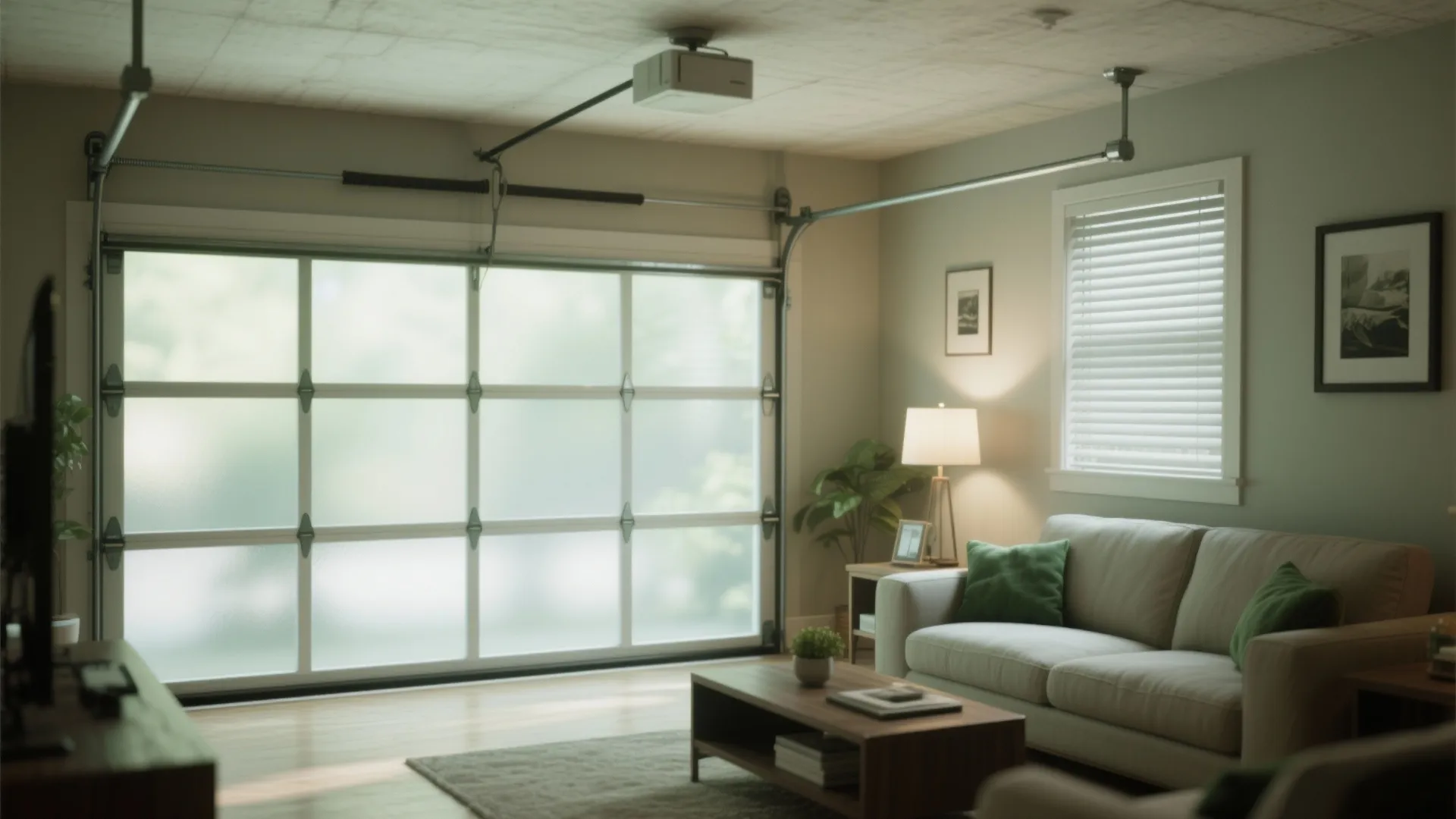 Living room with beige sofa next to a large frosted glass door with a desk lamp