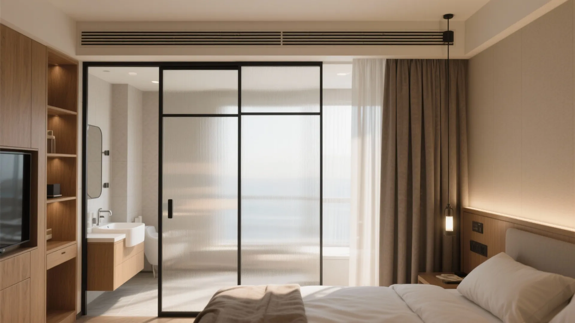 Modern bedroom with frosted glass door separating the bathroom area featuring wood cabinets and curtains