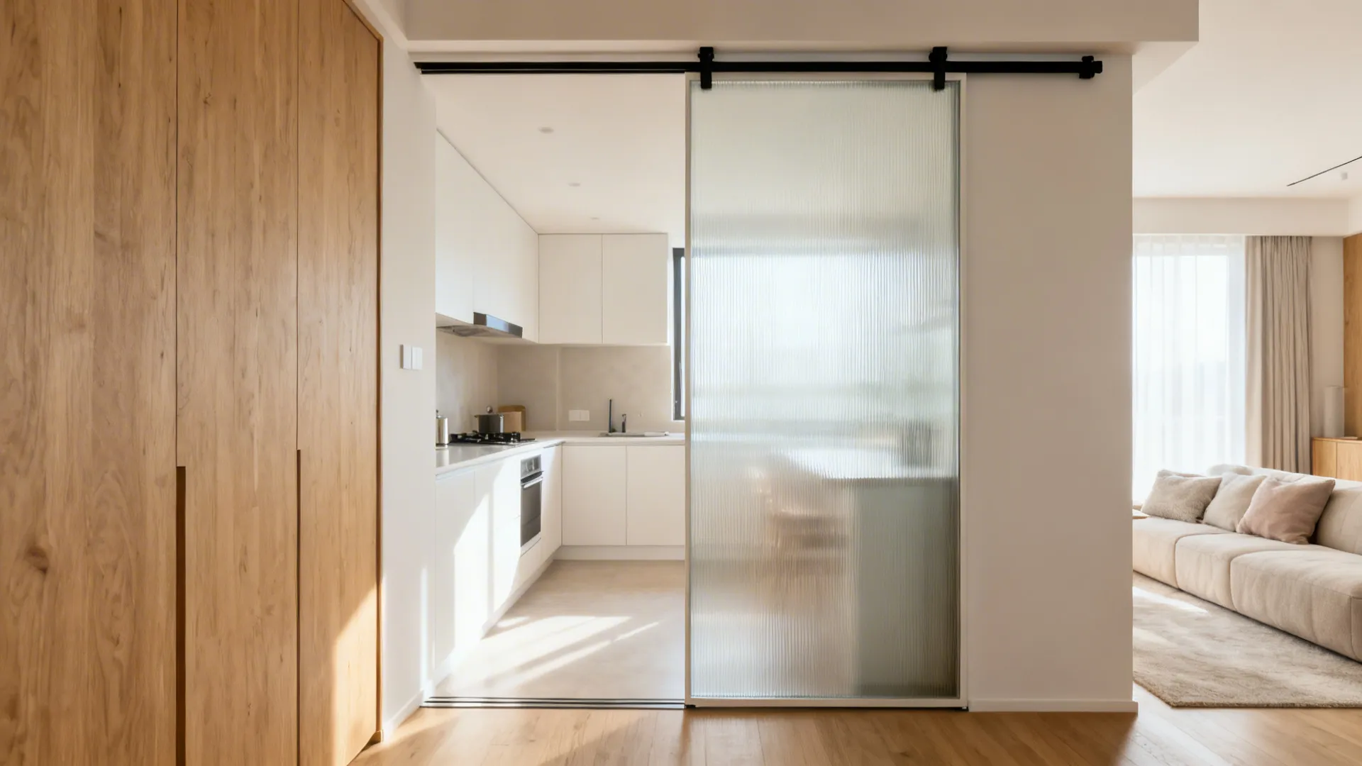 Frosted Glass Sliding Partition to Zone Open Kitchens