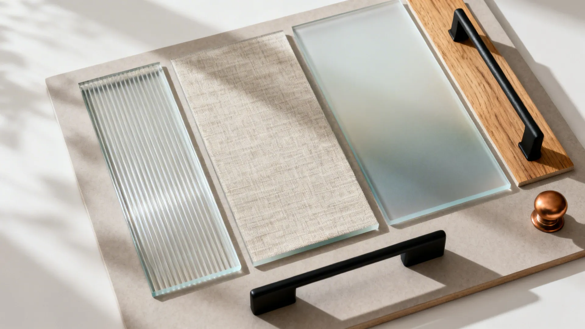Flat lay of reeded, linen, and gradient frosted glass samples with oak and hardware.