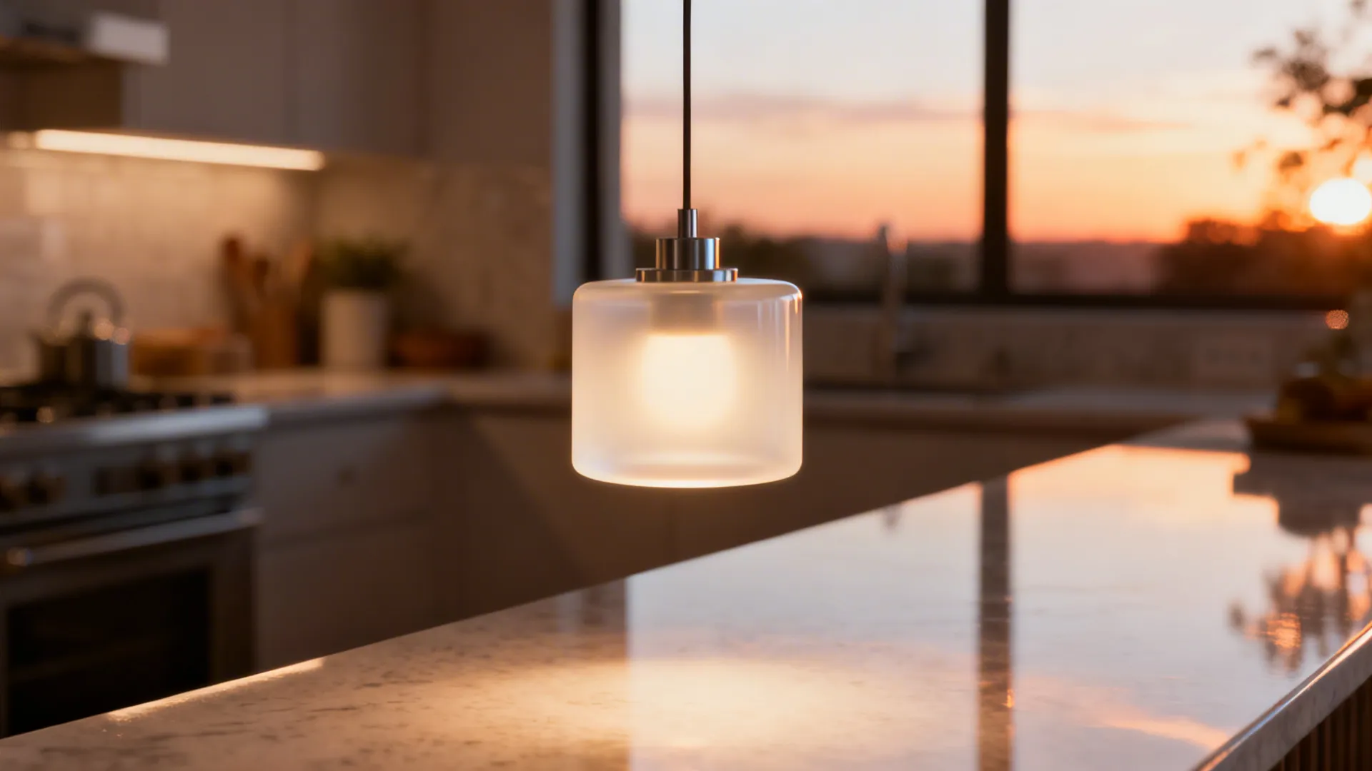 Close-up of a frosted pendant with warm-dim LED hung over a small kitchen peninsula without glare.