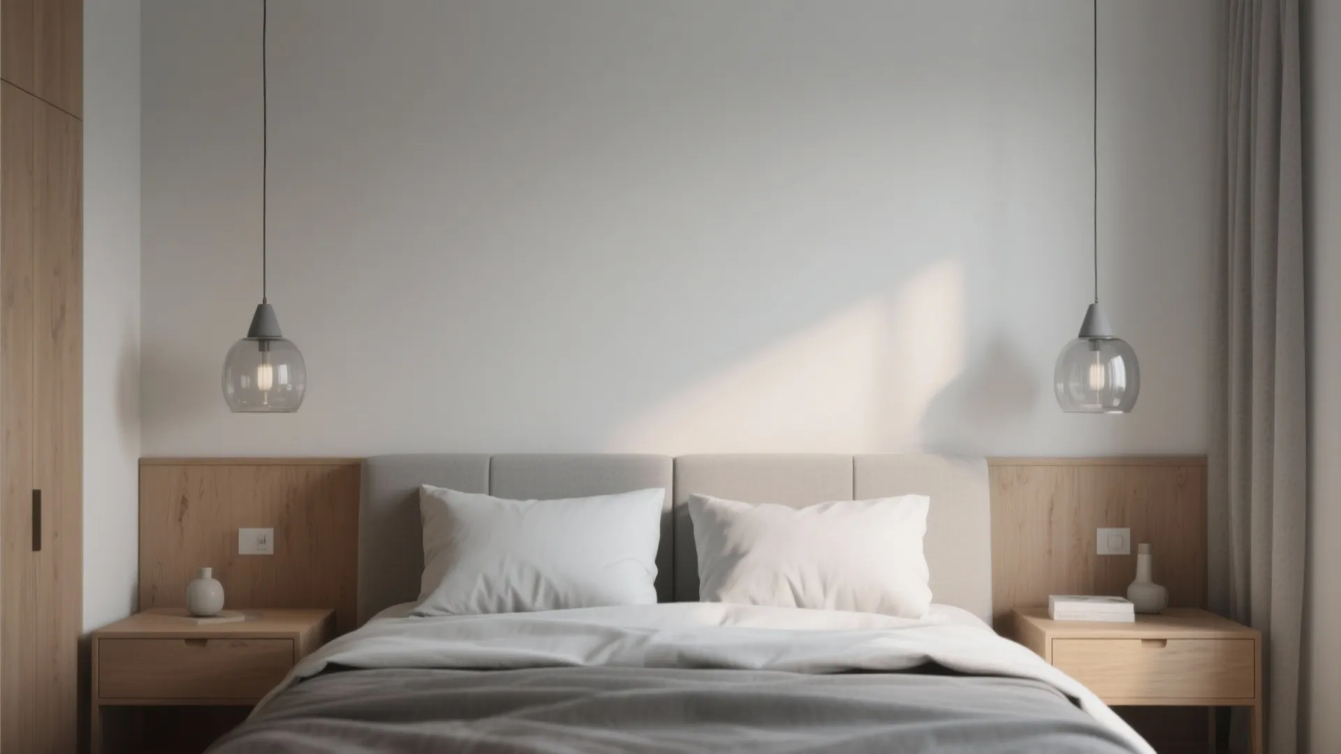 Two frosted gray glass pendant lamps hanging symmetrically above the bed