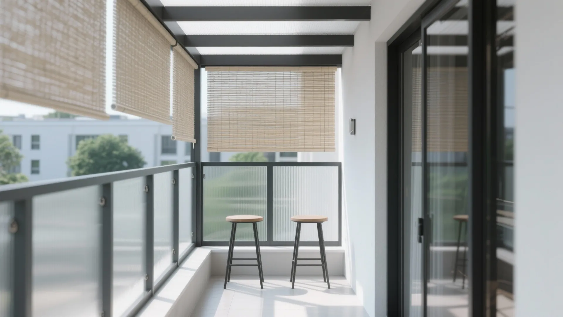 Bright balcony featuring glass railings with bamboo window blinds two wooden bar stools and sunlight