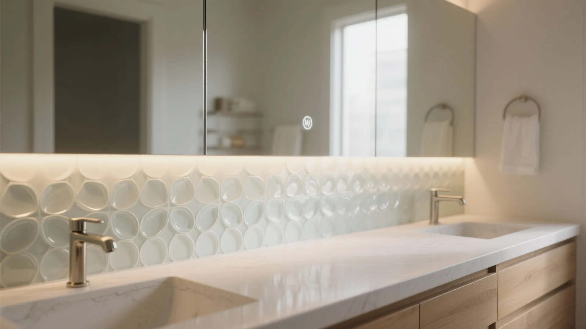 Modern bathroom cabinet with double sinks white marble top and textured petal pattern wall light detail