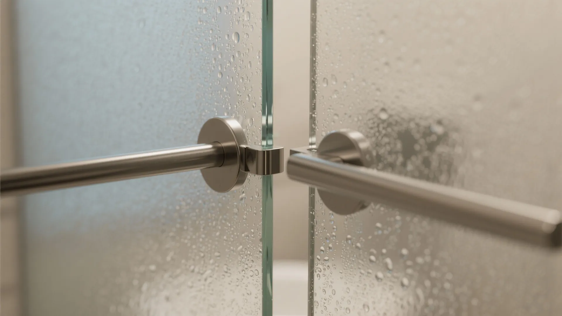 Close up of glass shower door with metal handles and water drops on the frosted glass